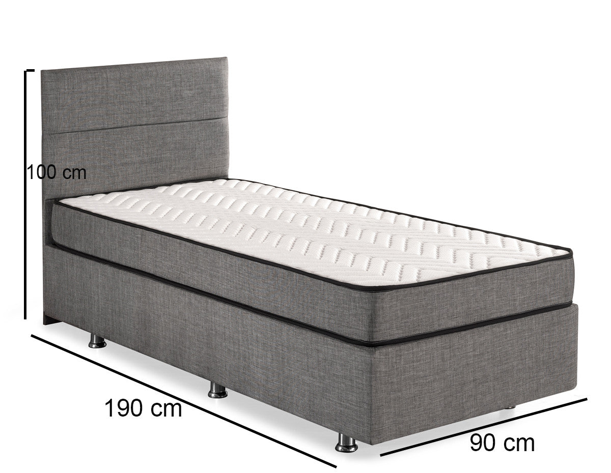 Base e cabeceira de cama de solteiro elegantes, cinza, 90x190 cm | Estrutura de aço durável, tecido 100% Soho, bordas de MDF, trava de segurança, baú incluído | Design moderno