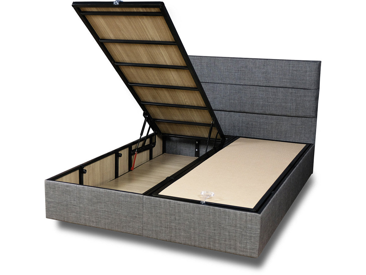 Base e cabeceira de cama de casal moderna, cinza, 160x200 cm | Estrutura de aço, tecido 100% Soho, trava de segurança, baú incluso | Design elegante e durável para hotéis e residências
