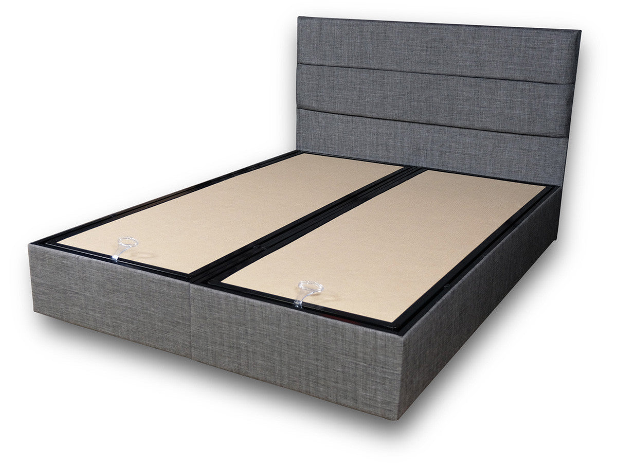 Base e cabeceira de cama de casal moderna, cinza, 180x200 cm | Estrutura de aço, tecido 100% Soho, trava de segurança, baú incluso | Design elegante para hotéis e residências