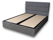 Base e cabeceira de cama de casal moderna, cinza, 180x200 cm | Estrutura de aço, tecido 100% Soho, trava de segurança, baú incluso | Design elegante para hotéis e residências