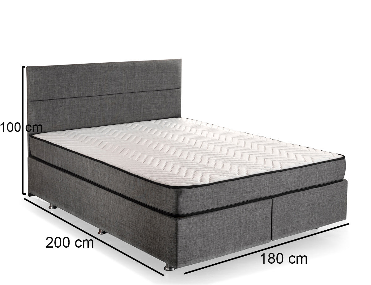 Base e cabeceira de cama de casal moderna, cinza, 180x200 cm | Estrutura de aço, tecido 100% Soho, trava de segurança, baú incluso | Design elegante para hotéis e residências