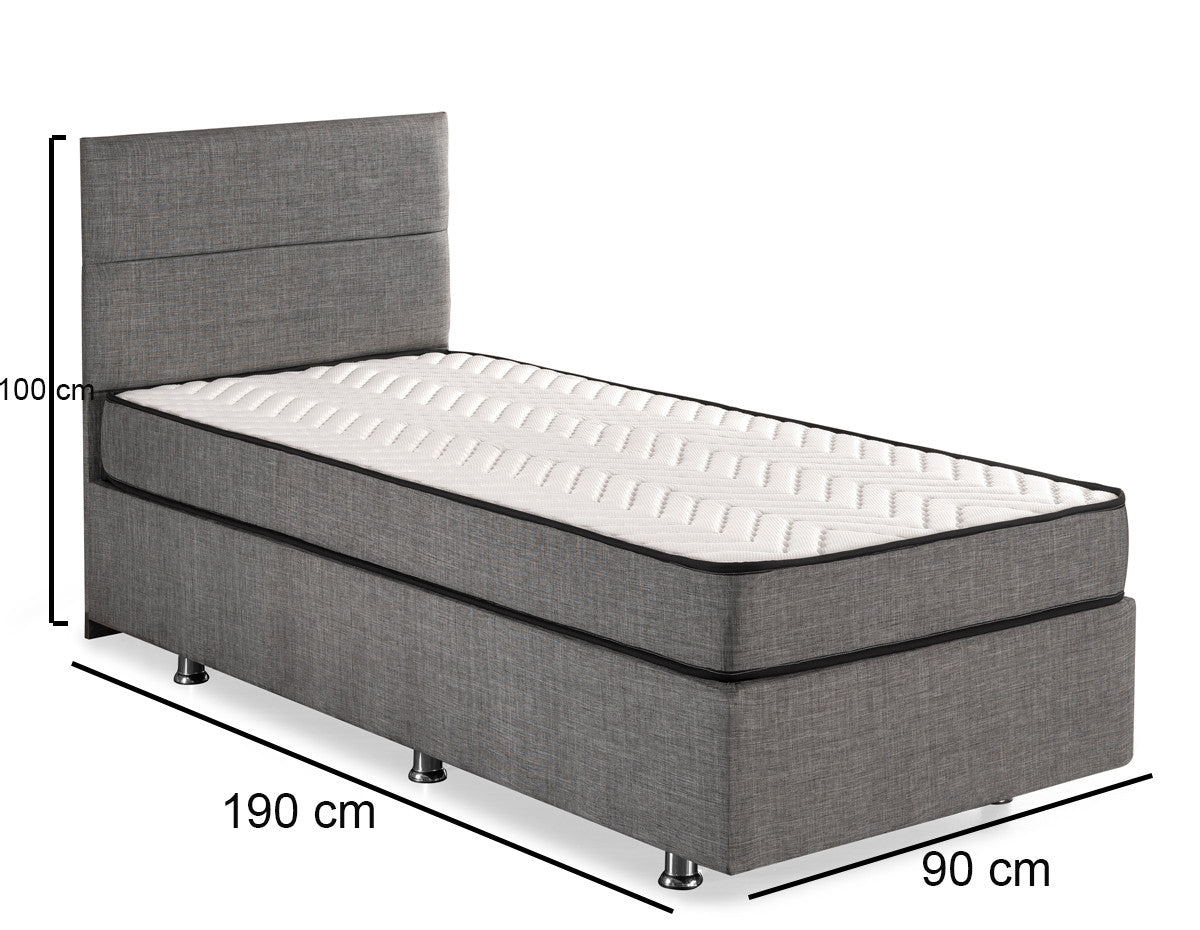 Colchão de solteiro moderno com estrutura de aço, cabeceira e base, cinza | 90x190 cm, tecido 100% Soho, sistema de molas múltiplas, inclui baú e trava de segurança