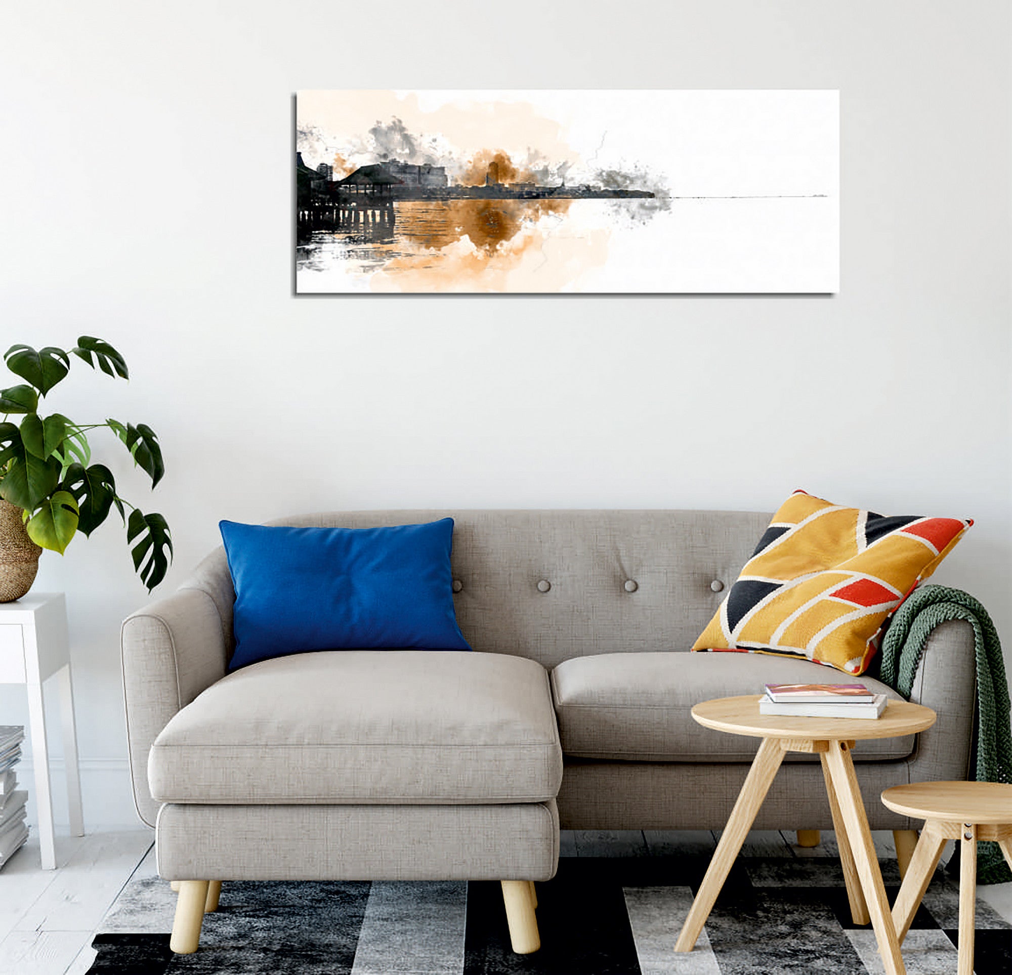 Quadro Decorativo em Tela com Moldura de Madeira - Impressão Digital Multicolor 30x80cm