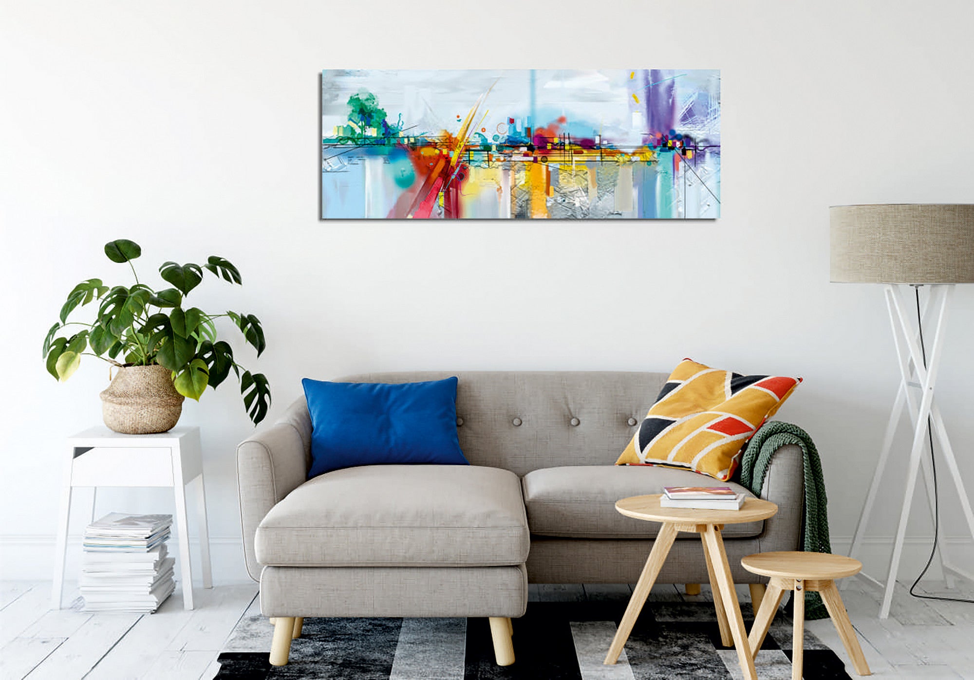 Quadro Decorativo em Tela com Moldura de Madeira - Impressão Digital Multicolor 30x80cm