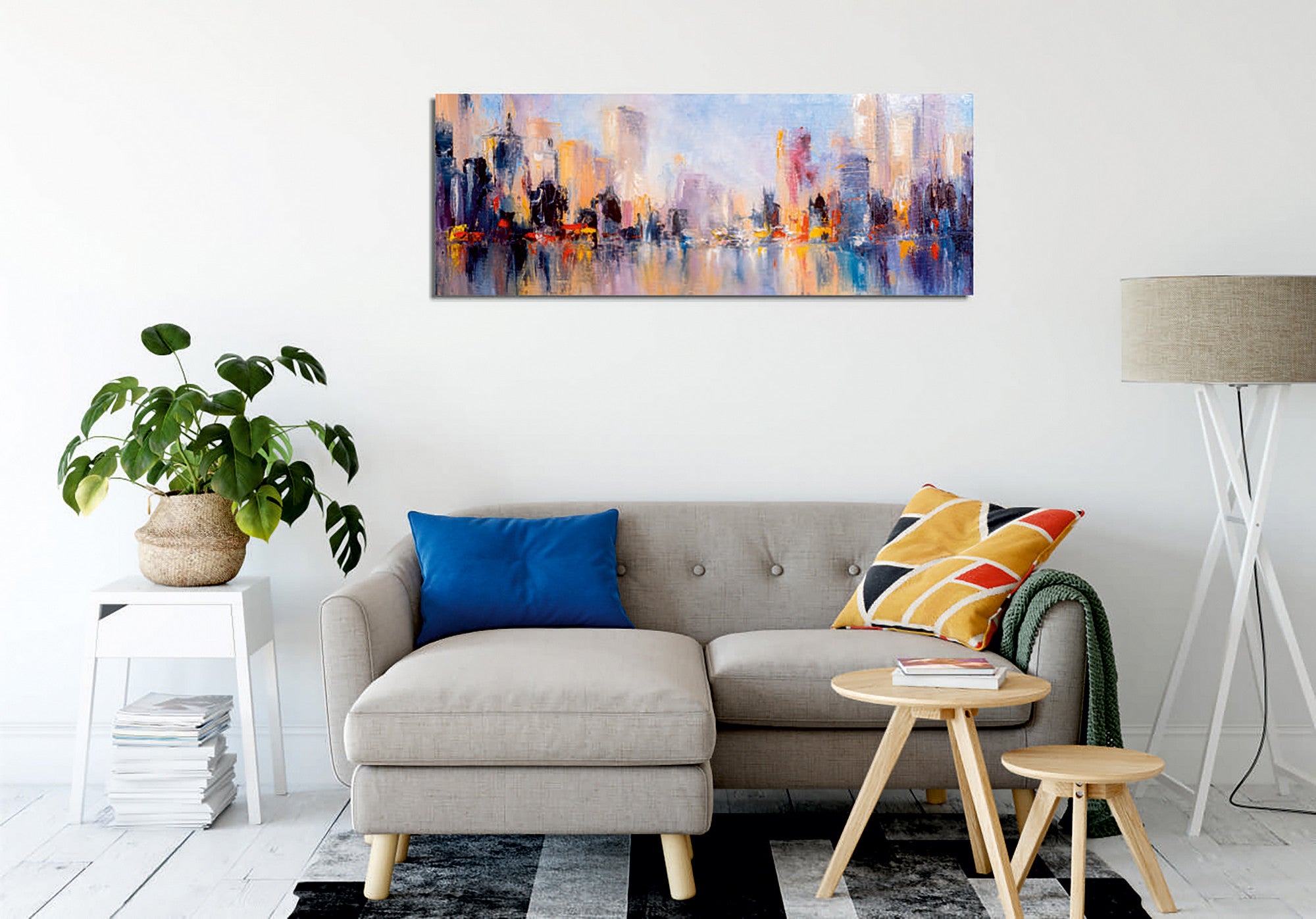 Quadro Decorativo em Tela com Moldura de Madeira - Impressão Digital Multicolor 30x80cm