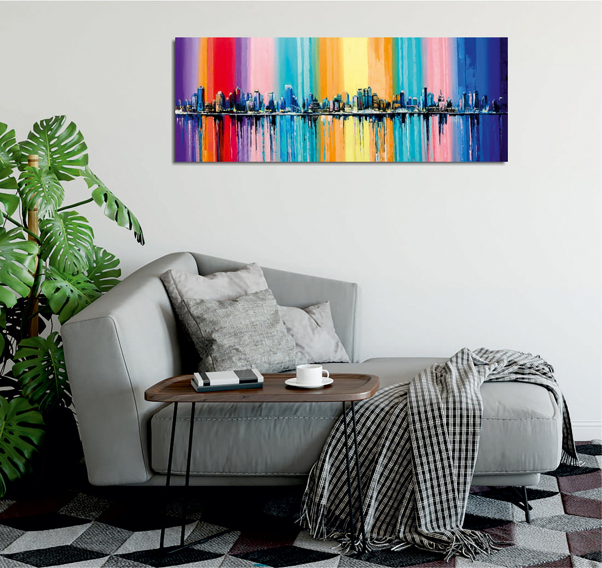 Quadro Decorativo em Tela com Moldura de Madeira - Impressão Digital Multicolor 30x80cm