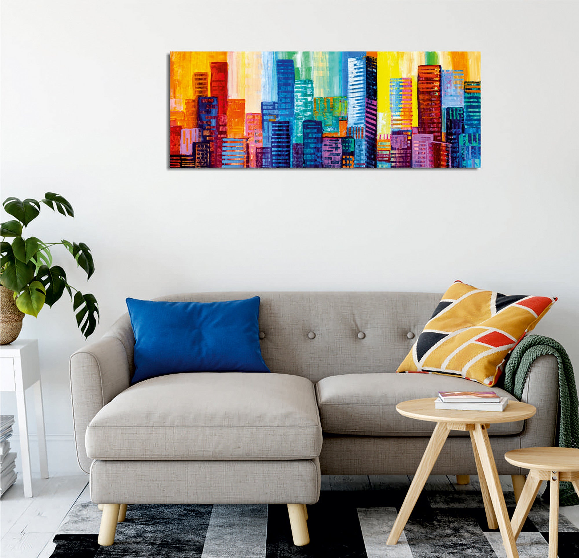 Quadro Decorativo em Tela com Moldura de Madeira - Impressão Digital Multicolor 30x80cm