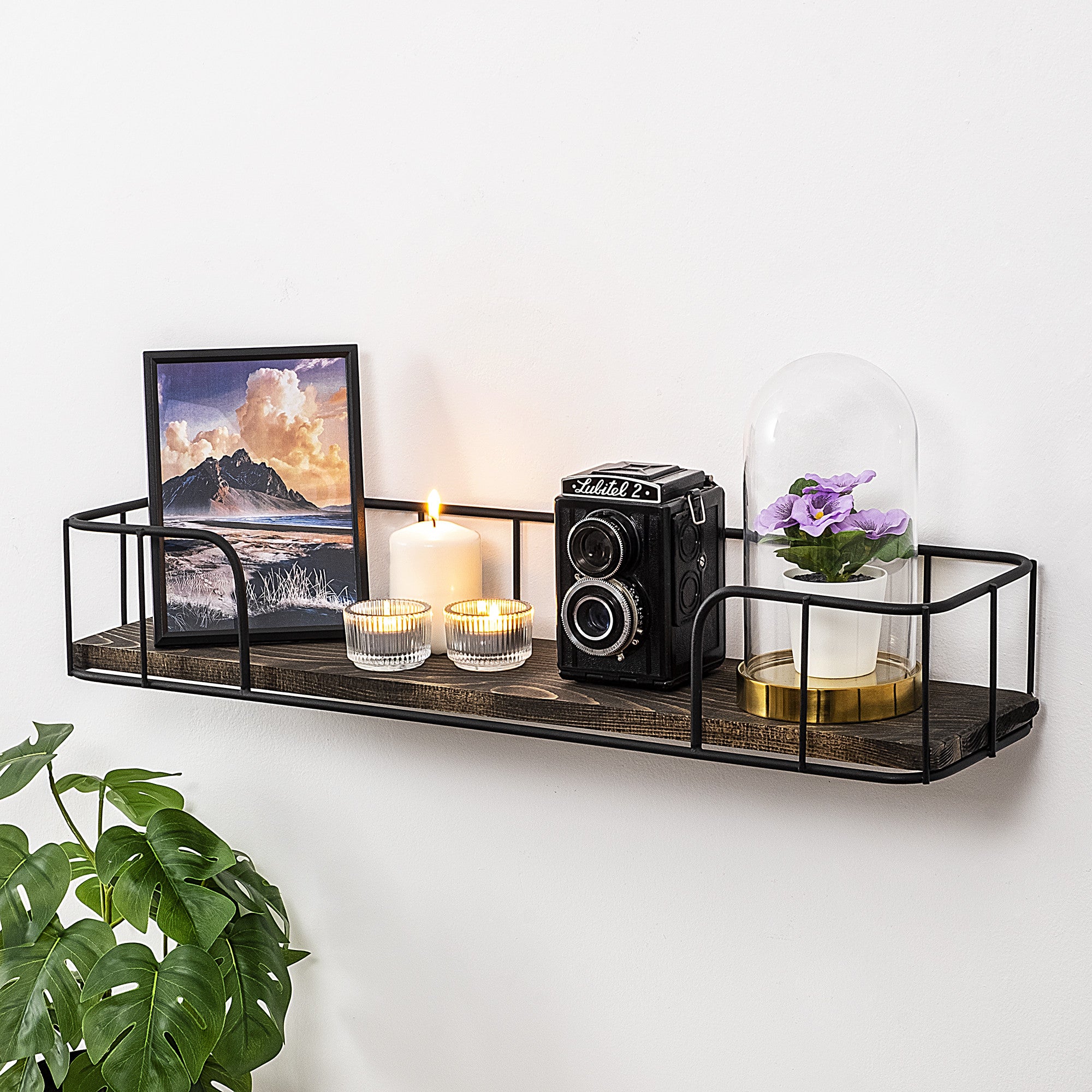 Prateleira de parede industrial, 60 cm x 10 cm x 15 cm | 100% madeira de abeto e estrutura de metal | Acabamento em preto e nogueira escura | Variações de cores exclusivas para decoração moderna