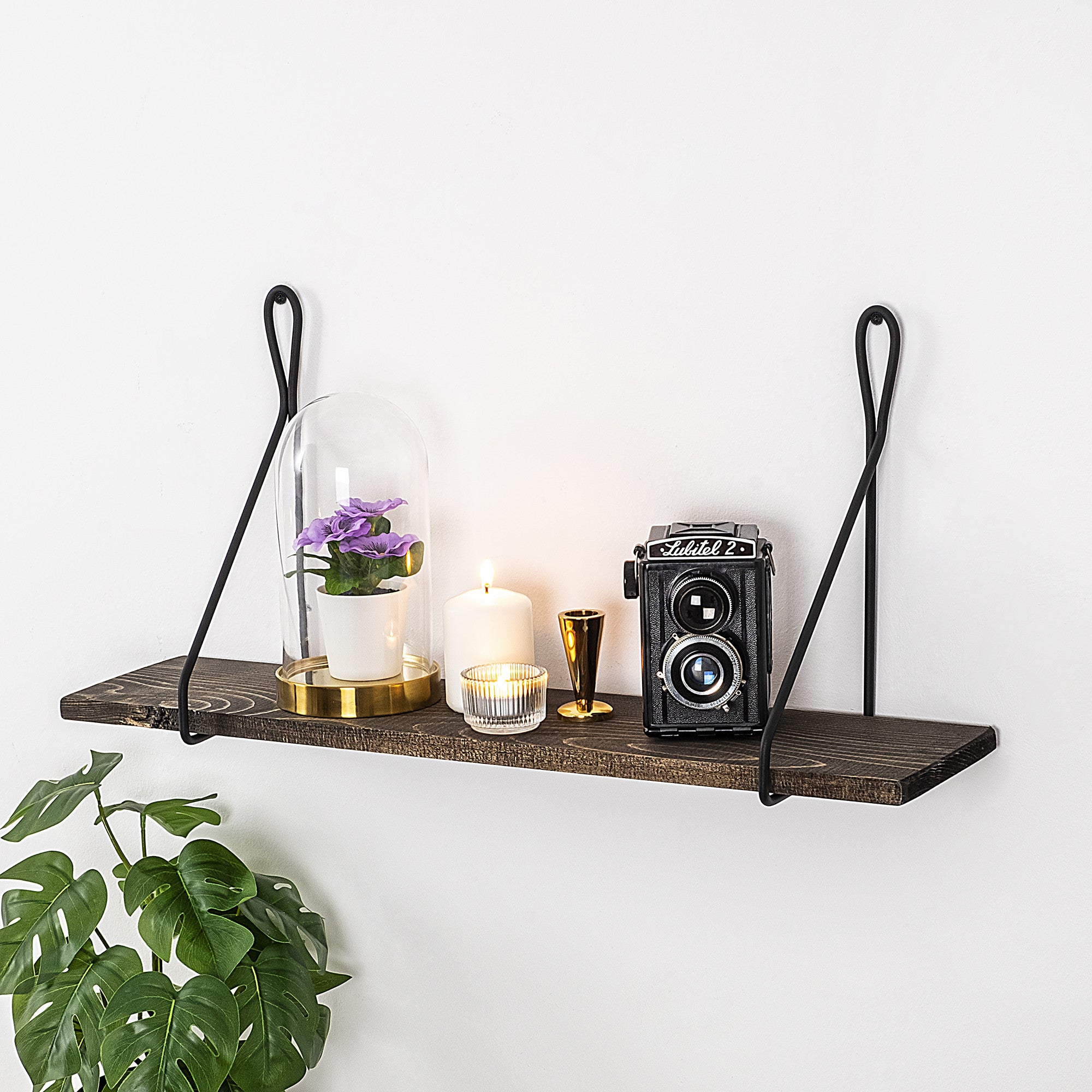 Prateleira de parede moderna, 60 cm x 27 cm x 15 cm | 100% madeira de abeto e estrutura de metal | Preto e nogueira escura | Design industrial exclusivo para casa e escritório