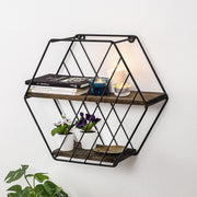 Prateleira de parede moderna, 44 cm x 40 cm x 15 cm | 100% madeira de abeto e estrutura de metal | Preto e nogueira escura | Design industrial exclusivo para casa e escritório