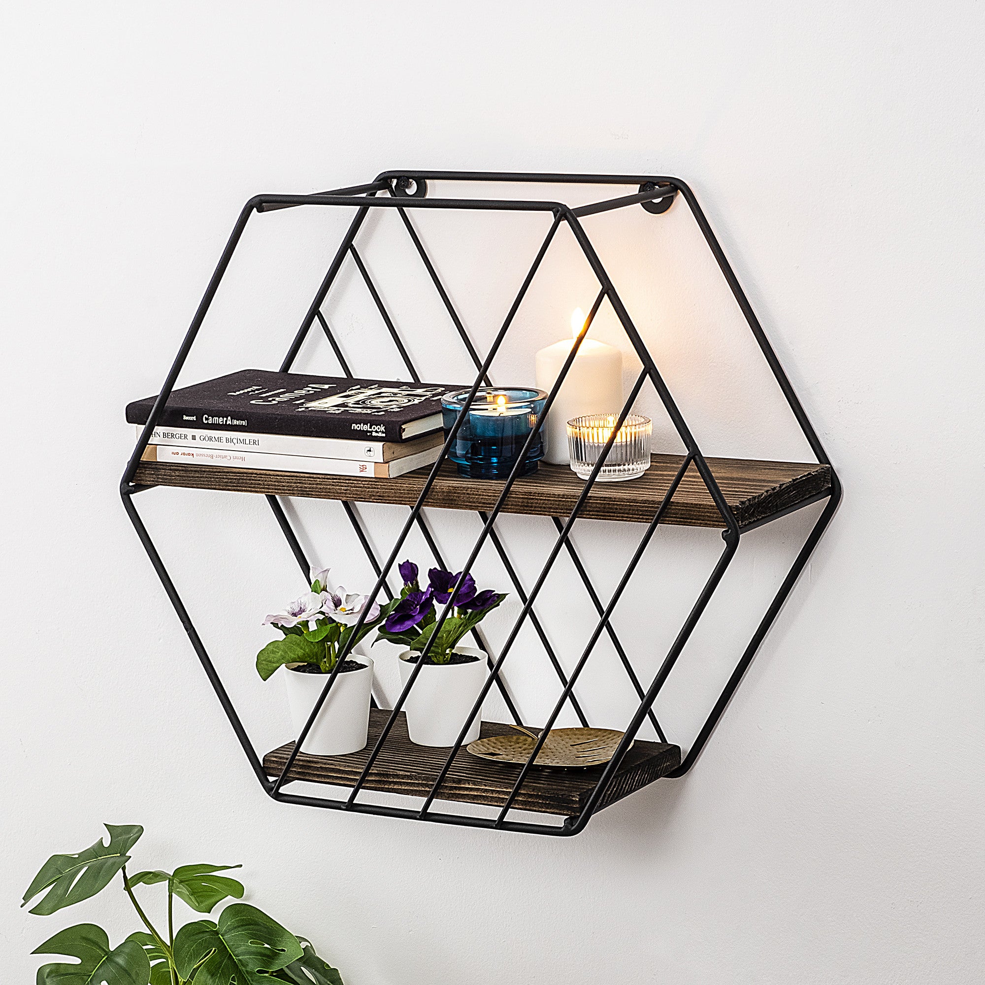 Prateleira de parede moderna, 44 cm x 40 cm x 15 cm | 100% madeira de abeto e estrutura de metal | Preto e nogueira escura | Design industrial exclusivo para casa e escritório