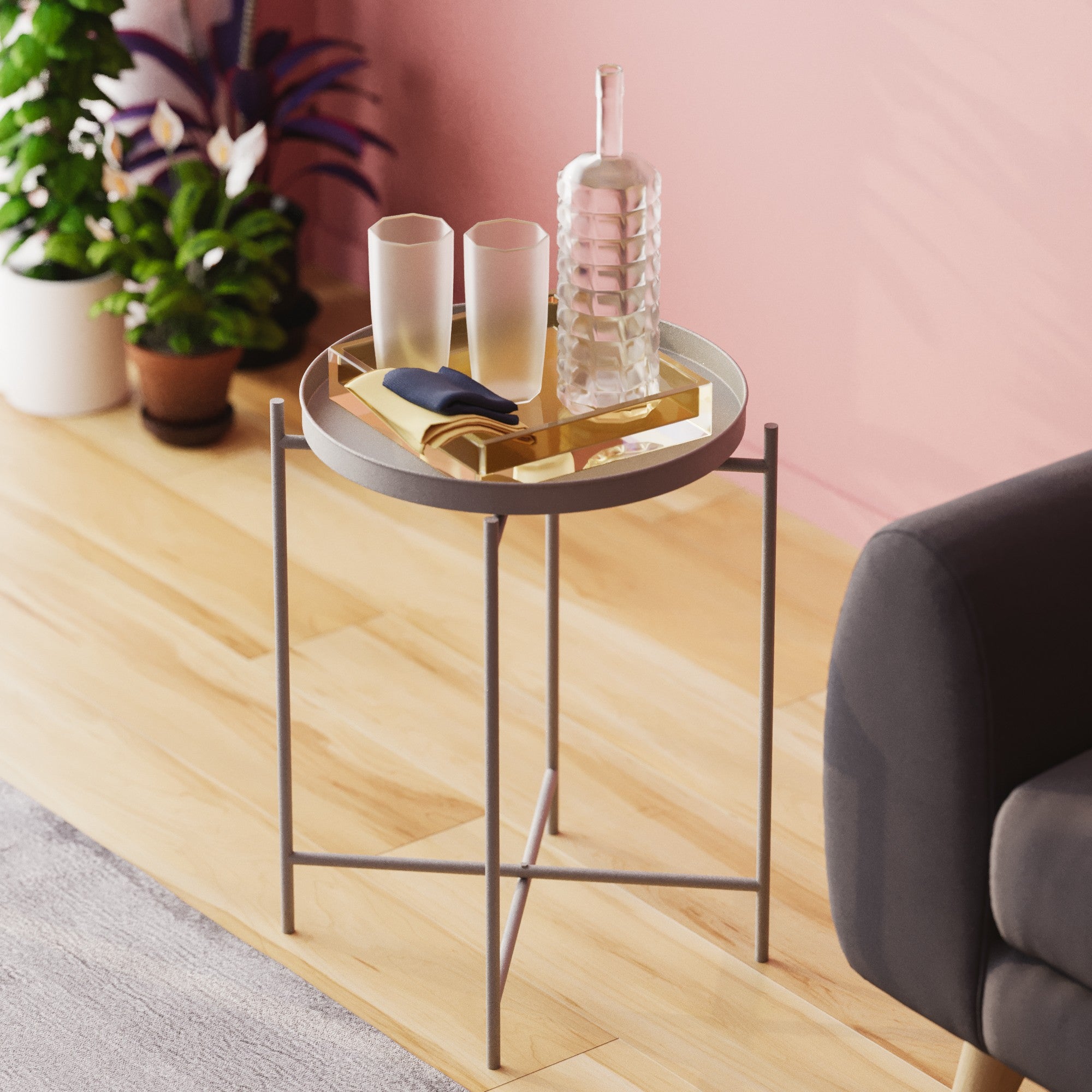 Mesa de Centro Cinza Elegante, 46 x 56 x 46 cm | Construção 100% Metal, Leve com 2,02 kg | Perfeita para Salas de Estar Modernas e Espaços Aconchegantes