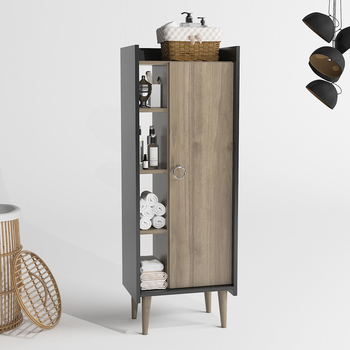 Armário moderno multiuso – 50 x 30 x 140 cm – Nogueira e Antracite – MDF revestido em melamina