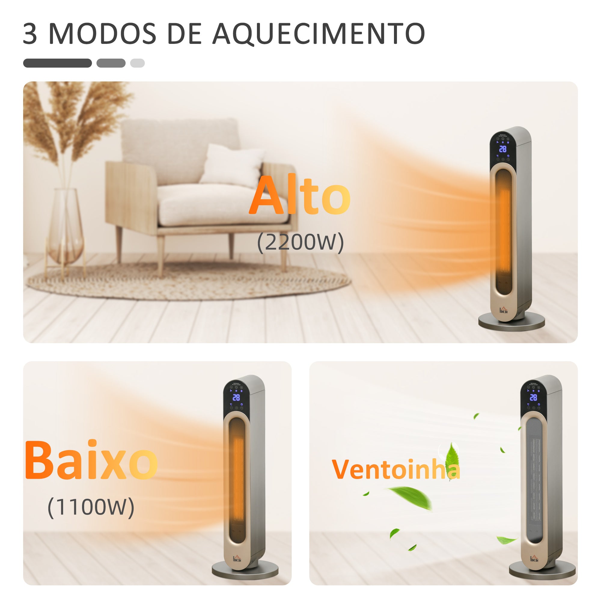 Aquecedor Cerâmico de Torre 1100/2200W Prata 25x25x73.5 cm