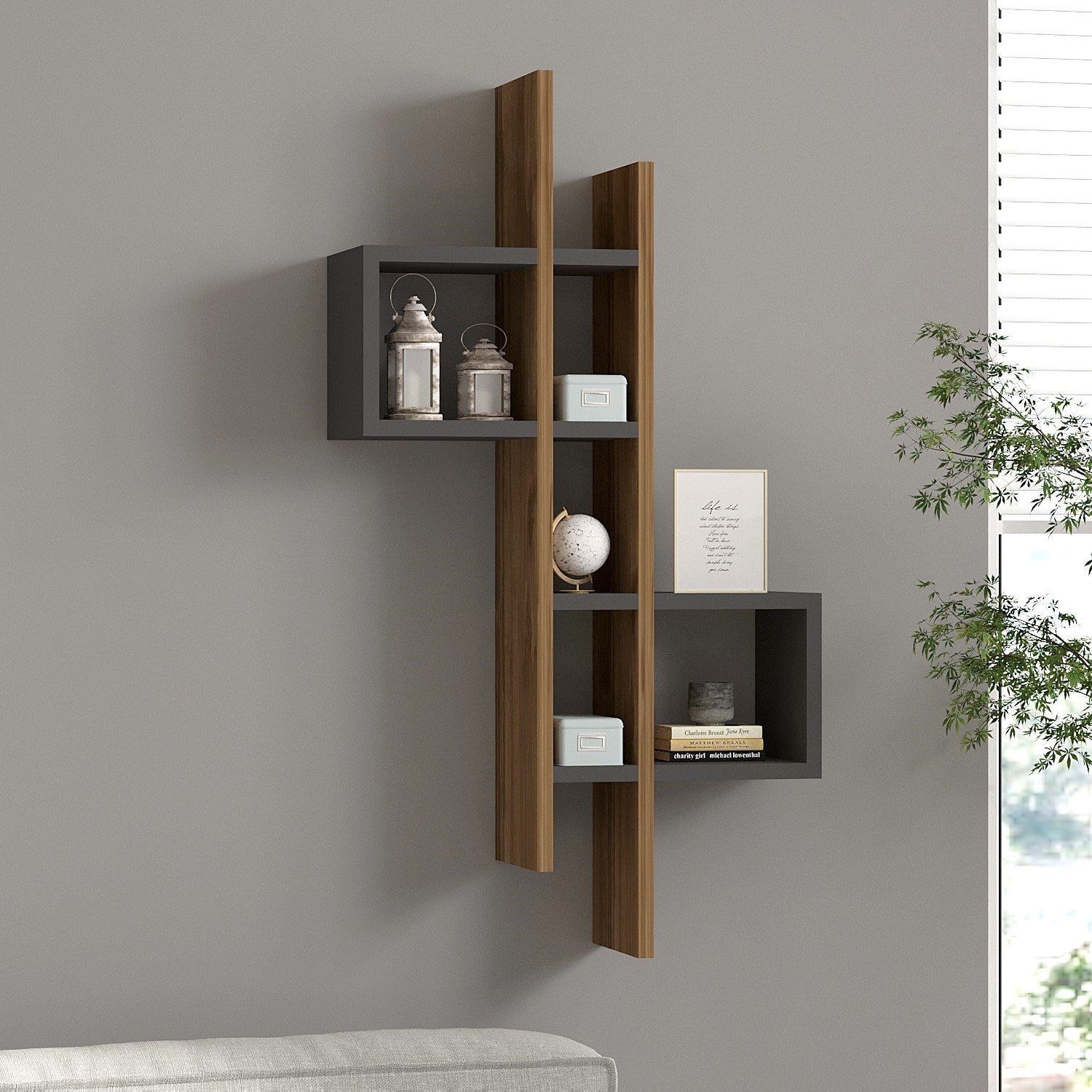 Prateleira de Parede Moderna, Carvalho e Antracite, 53,8 x 108 x 19,6 cm | Painel de Partículas 100% Revestido com Melamina, 18 mm de Espessura | Solução de Armazenamento Elegante para Qualquer Cômodo