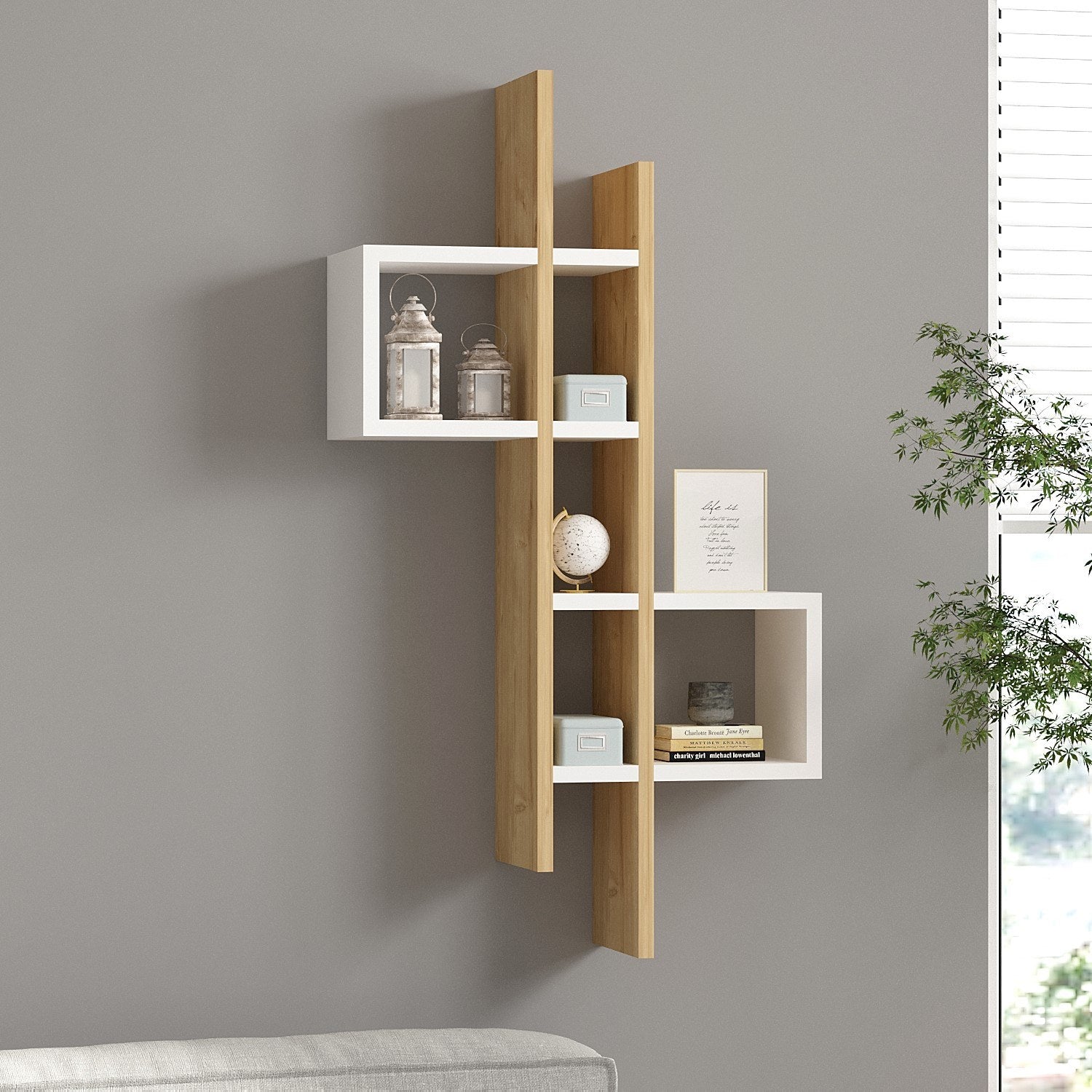 Prateleira de parede moderna, carvalho safira e branco, 53,8 x 108 x 19,6 cm | Painel de partículas 100% revestido com melamina, 18 mm de espessura | Solução de armazenamento elegante e funcional