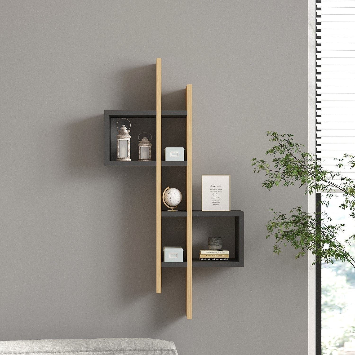 Prateleira de parede moderna, carvalho safira e antracite, 53,8 x 108 x 19,6 cm | Painel de partículas 100% revestido de melamina, 18 mm de espessura | Solução de armazenamento elegante e funcional