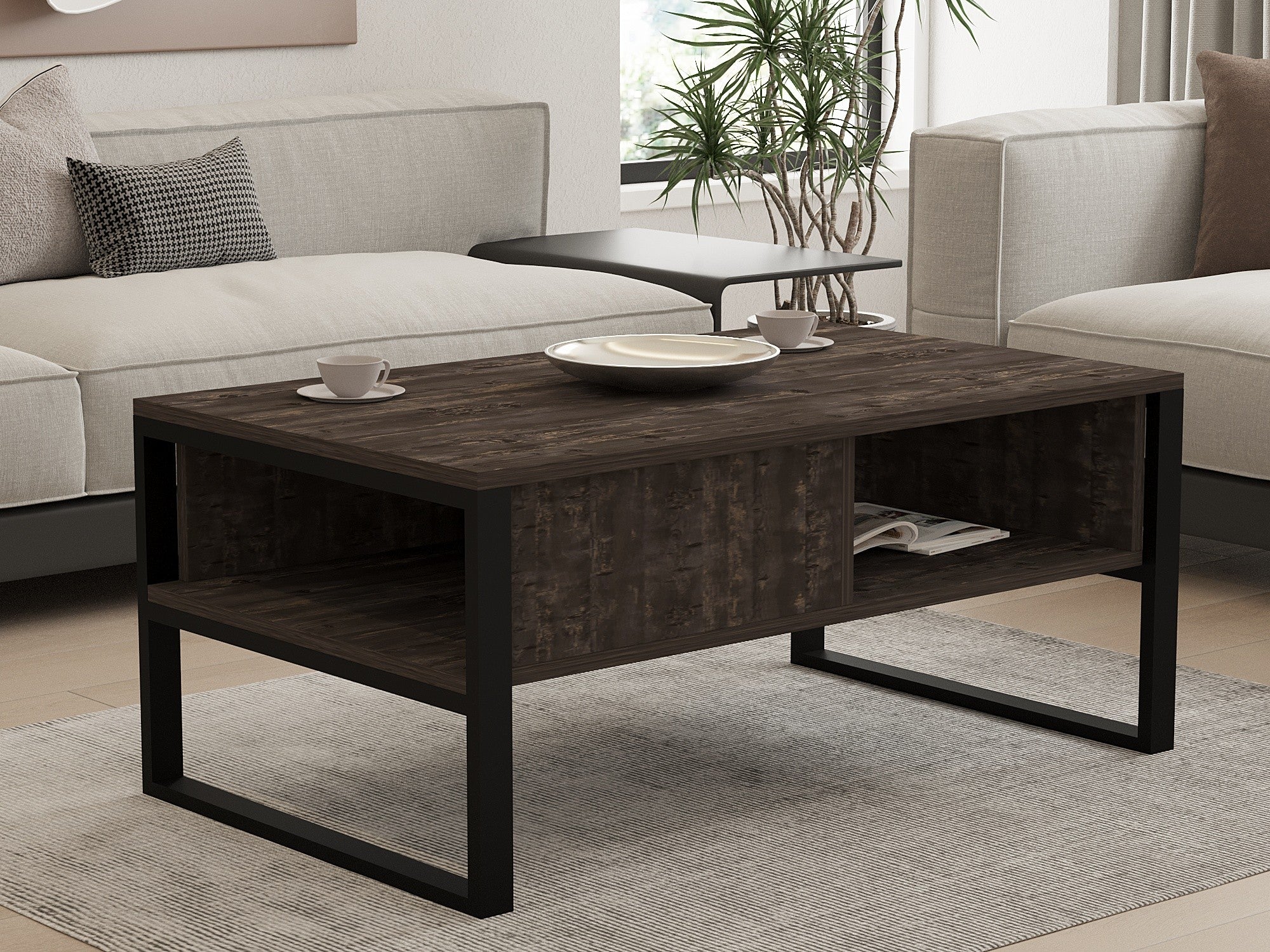 Mesa de Centro Moderna com Opção de Montagem na Parede, Antracite, 100 x 60 x 43,8 cm | Painel de Partículas 100% Revestido com Melamina, 18 mm de Espessura | Design Elegante e Funcional com Várias Prateleiras
