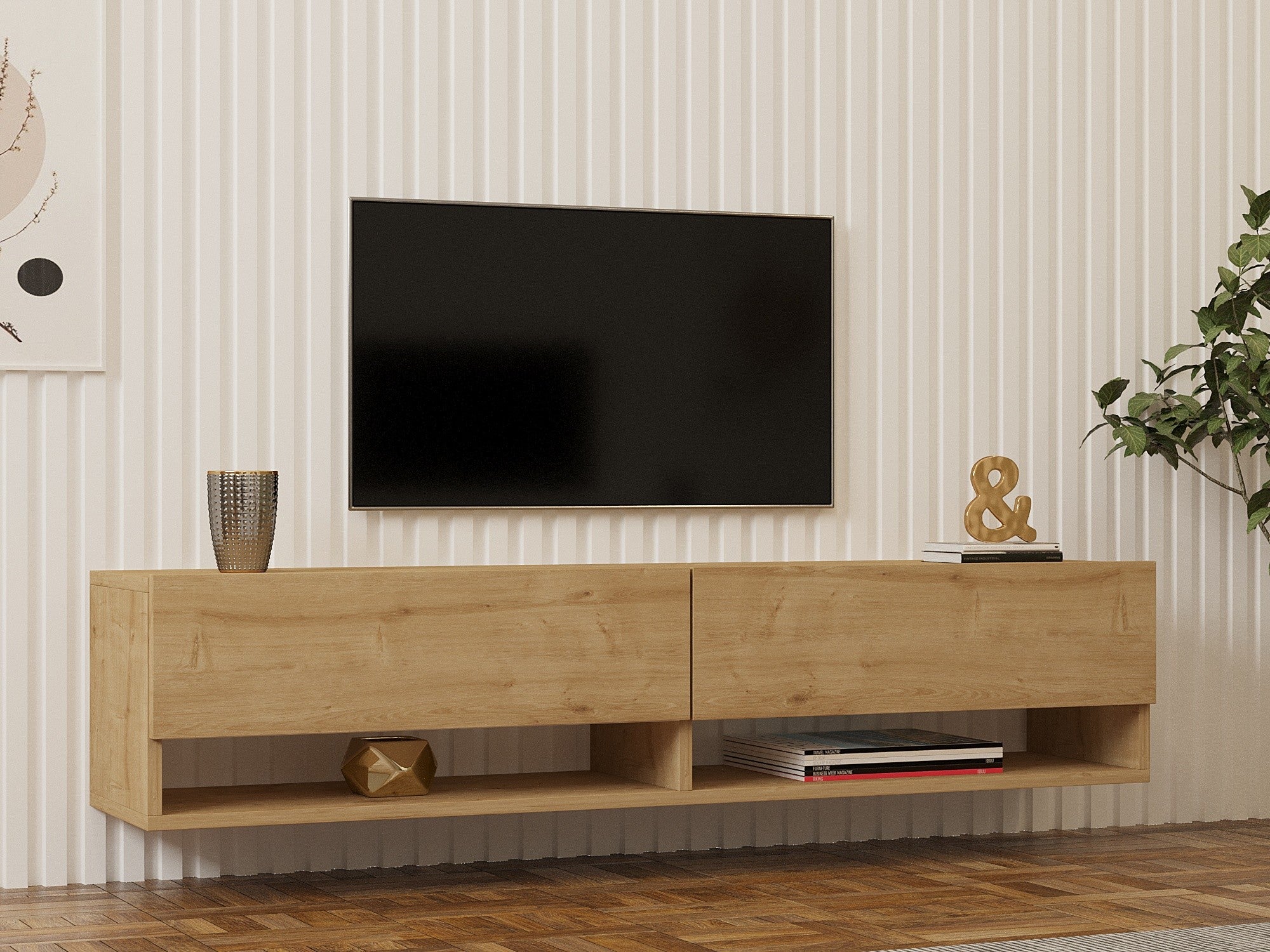 Móvel de TV em carvalho safira, 141 cm de largura, 31 cm de altura, 30 cm de profundidade | Painel de partículas 100% revestido em melamina, 18 mm de espessura | Montável na parede, design elegante e funcional