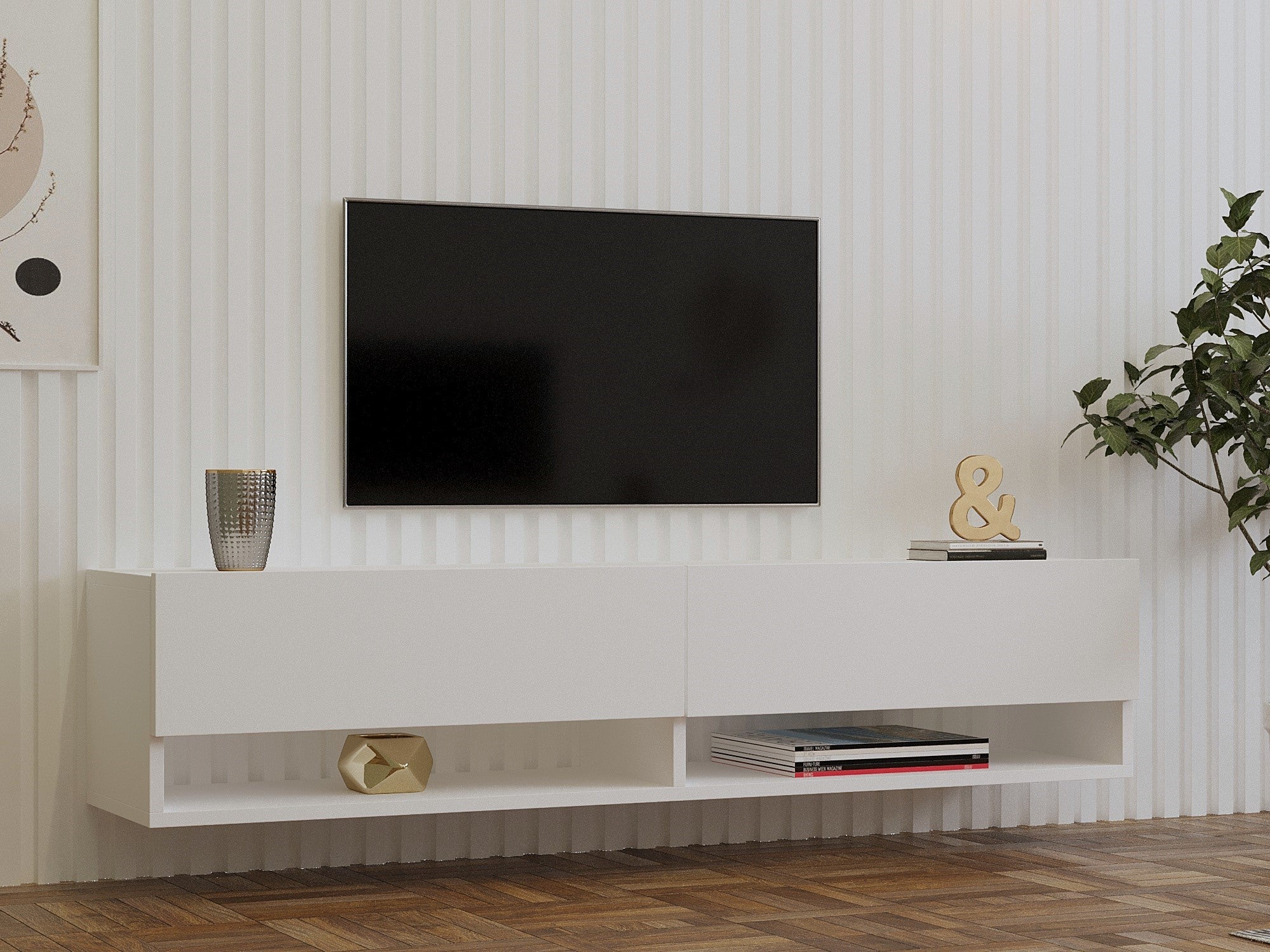 Móvel de TV moderno branco, 141 cm de largura, 31 cm de altura, 30 cm de profundidade | Painel de partículas 100% revestido em melamina, 18 mm de espessura | Montável na parede com várias prateleiras
