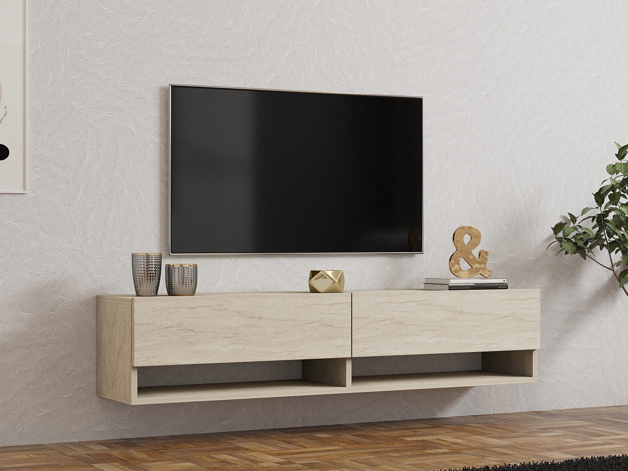 Móvel de TV elegante, cor travertino, 141 x 31 x 30 cm | Painel de partículas 100% revestido em melamina, 18 mm de espessura | Montável na parede com várias prateleiras, design moderno