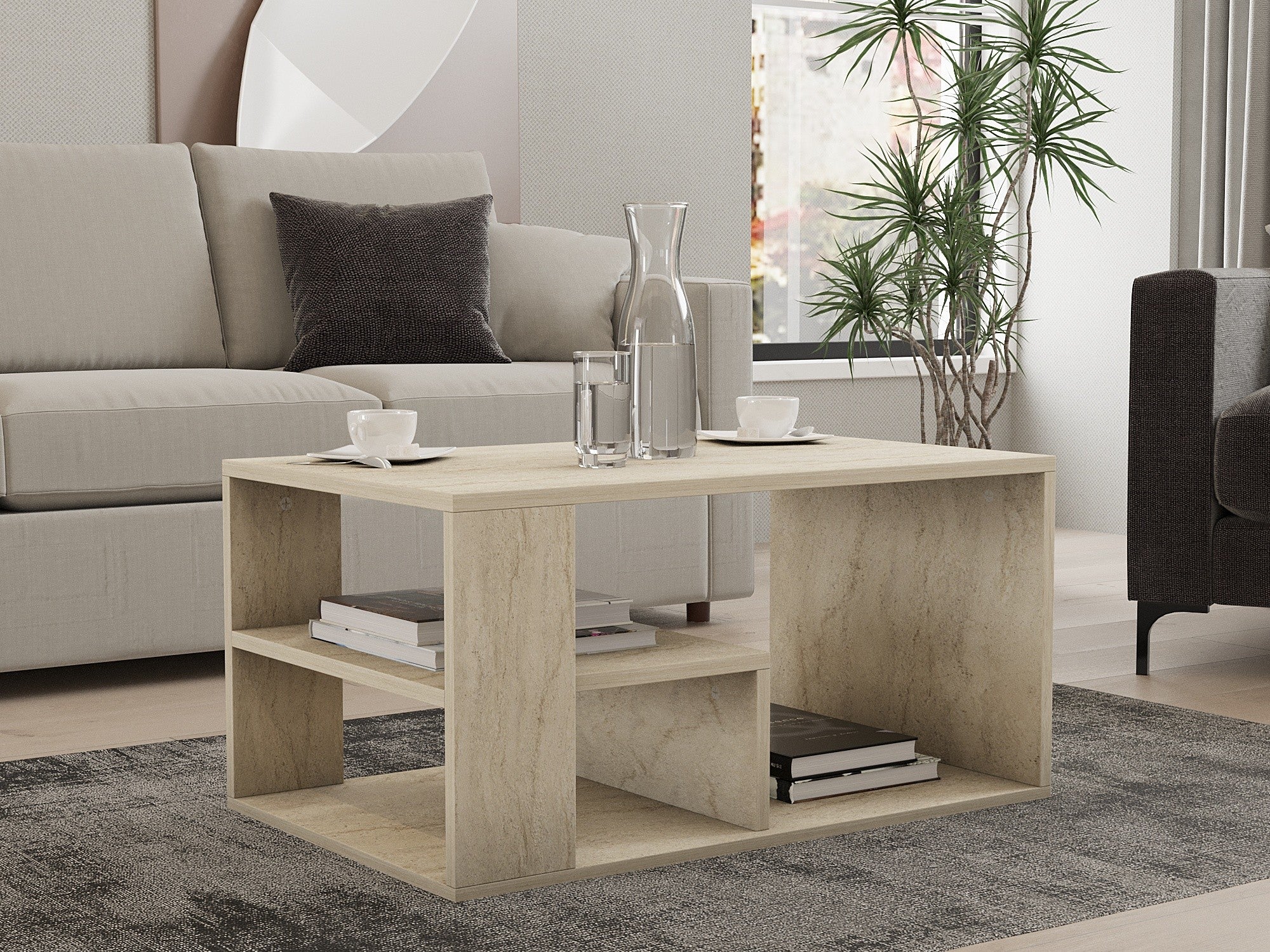 Mesa de Centro Elegante com Opção de Montagem na Parede, Cor Travertino, 80 x 50 x 40 cm | Revestimento 100% Melamina, 18 mm de Espessura | Armazenamento e Prateleiras Elegantes para uma Vida Moderna