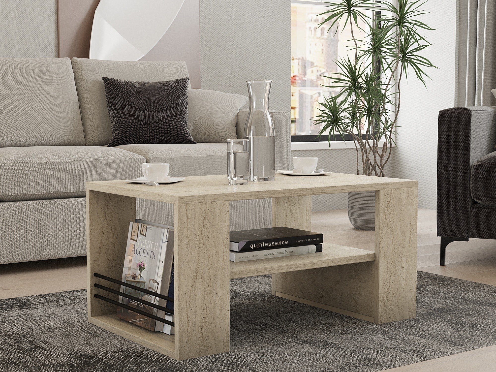 Mesa de Centro Elegante, Cor Travertino, 80 x 50 x 40 cm | Painel de Partículas 100% Revestido em Melamina, 18 mm de Espessura | Design Elegante em Mármore para Espaços Modernos
