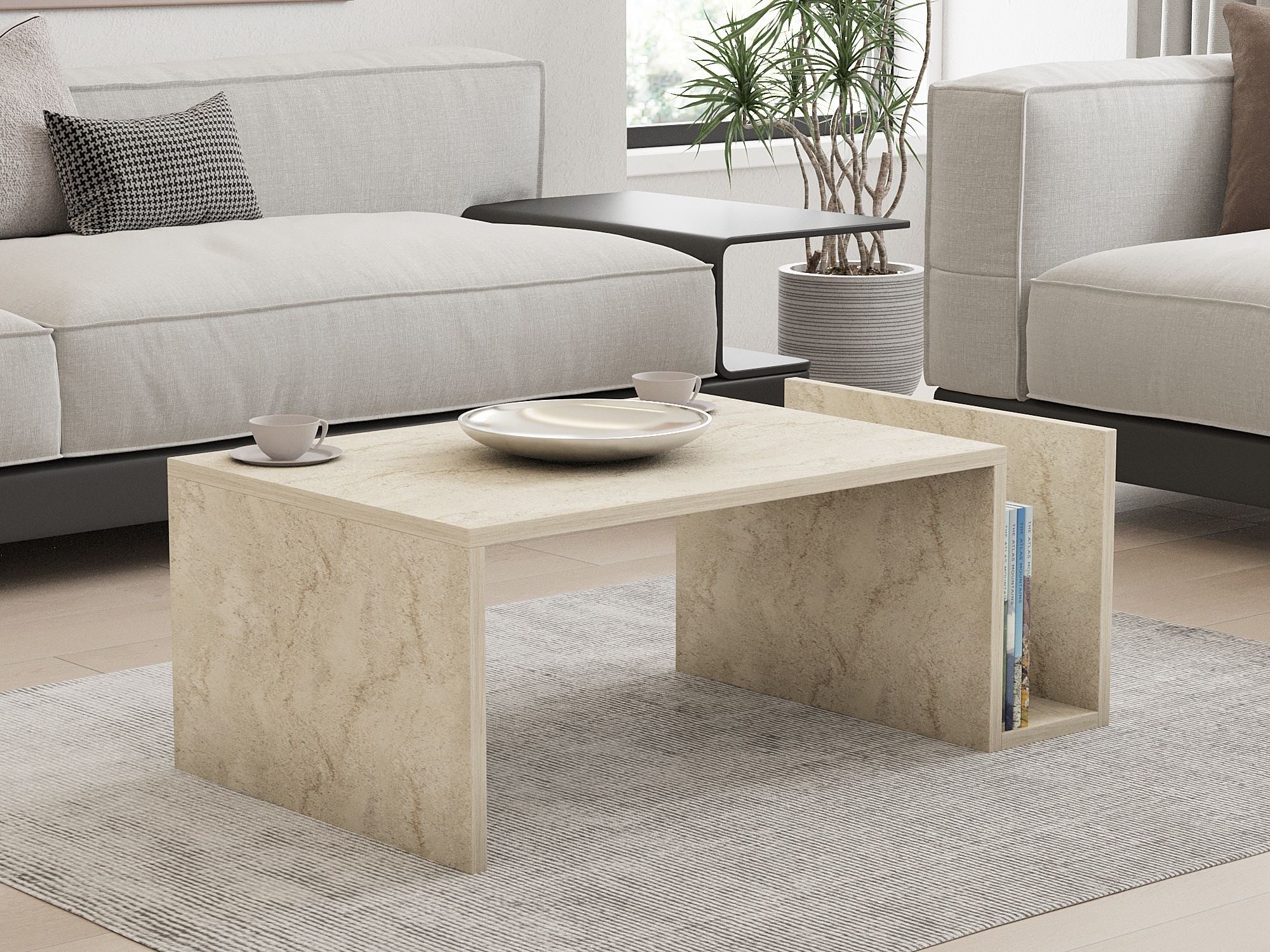 Mesa de Centro Elegante, Cor Travertino, 86,8 x 32,4 x 50 cm | Painel de Partículas 100% Revestido com Melamina, 18 mm de Espessura | Montável na Parede com Prateleira Inferior