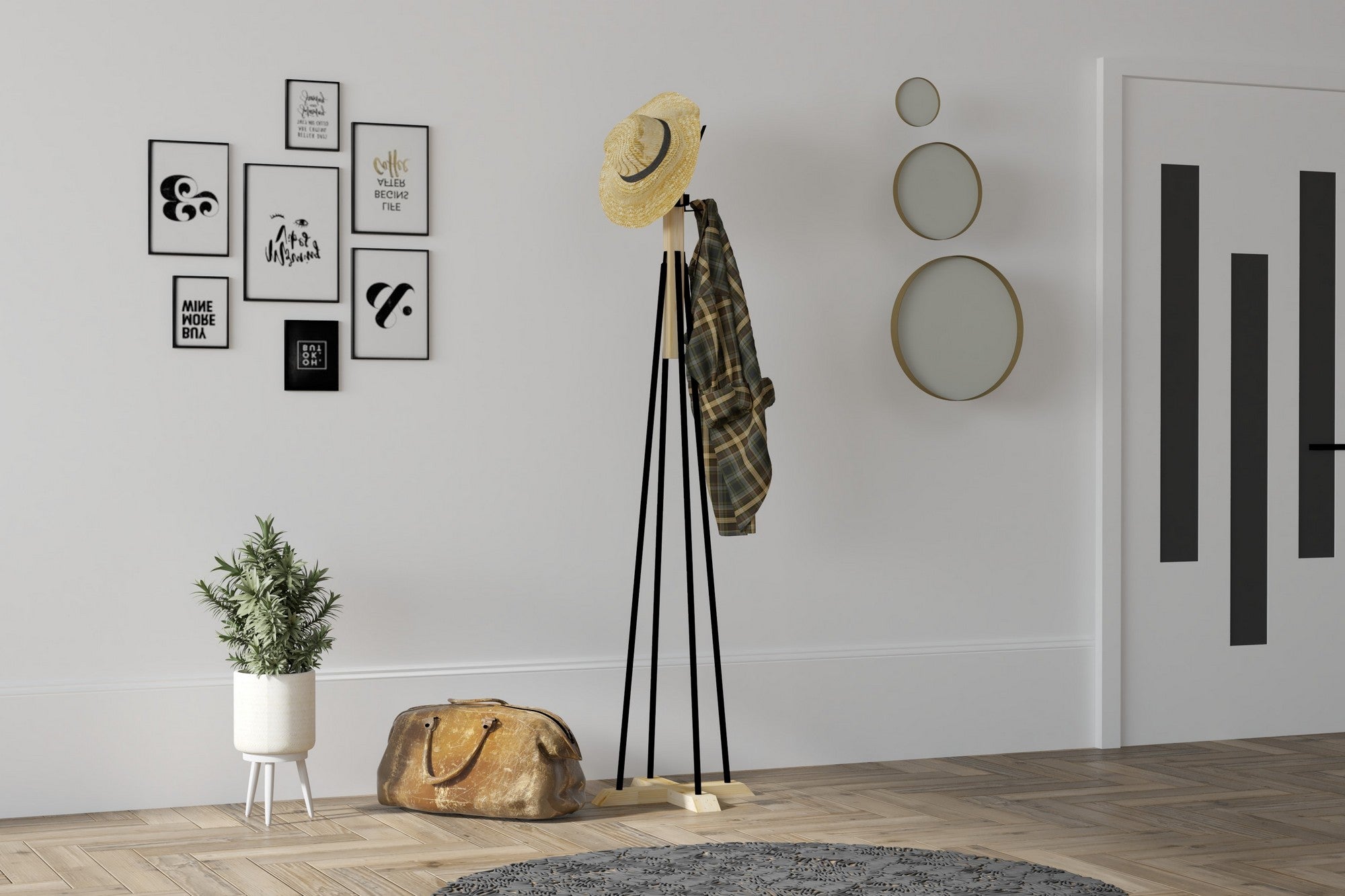 Cabide moderno, carvalho e preto, 160 cm de altura x 41 cm de largura | Painel de partículas 100% revestido de melamina, 18 mm de espessura | Montável na parede, elegante e funcional