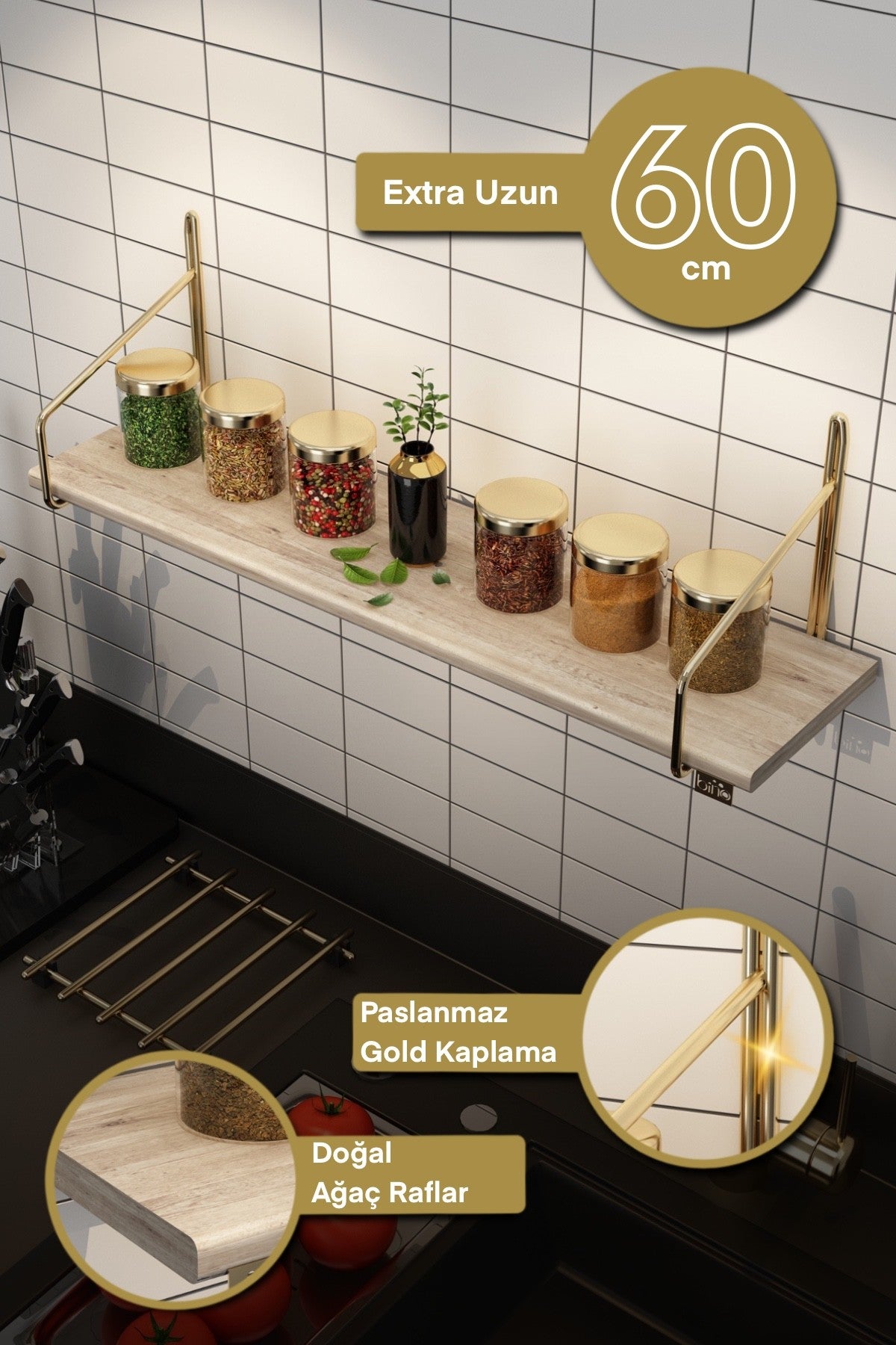 Prateleira de parede elegante, 15 x 15 x 60 cm, 100% madeira maciça com suportes de metal, dourado e marrom | Design resistente, capacidade de 5 kg, perfeita para decoração de casa