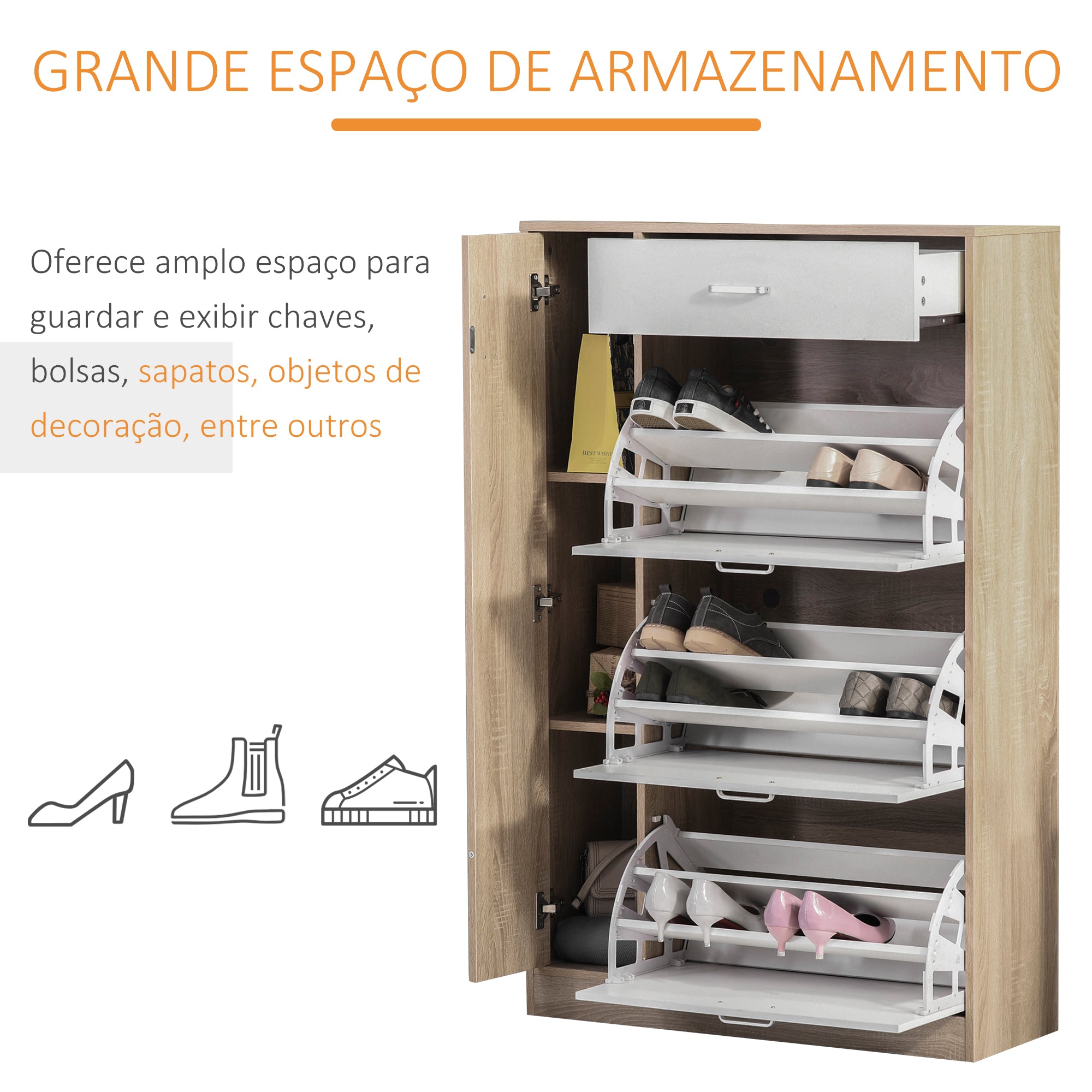 Sapateira de 3 Portas para 18-27 Pares de Sapatos 84x30x132 cm Madeira Natural e Branco
