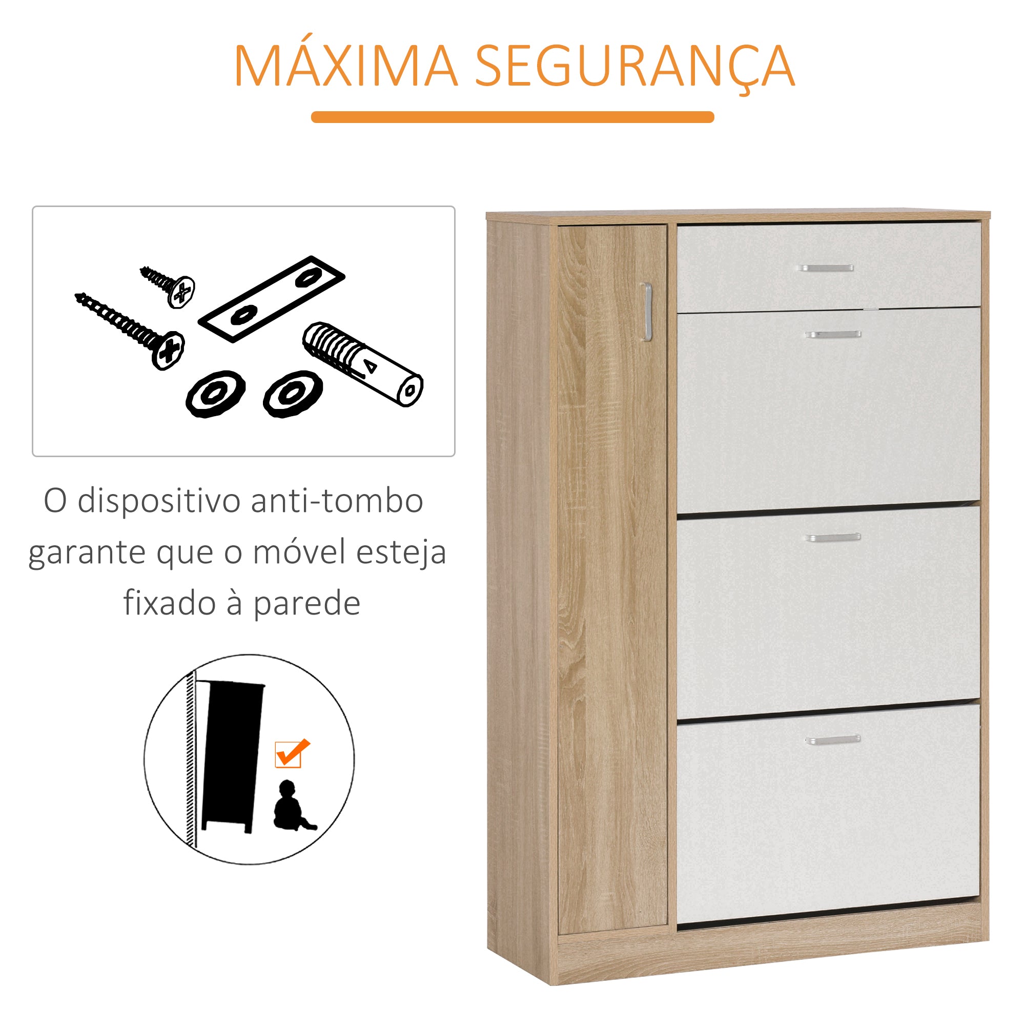 Sapateira de 3 Portas para 18-27 Pares de Sapatos 84x30x132 cm Madeira Natural e Branco