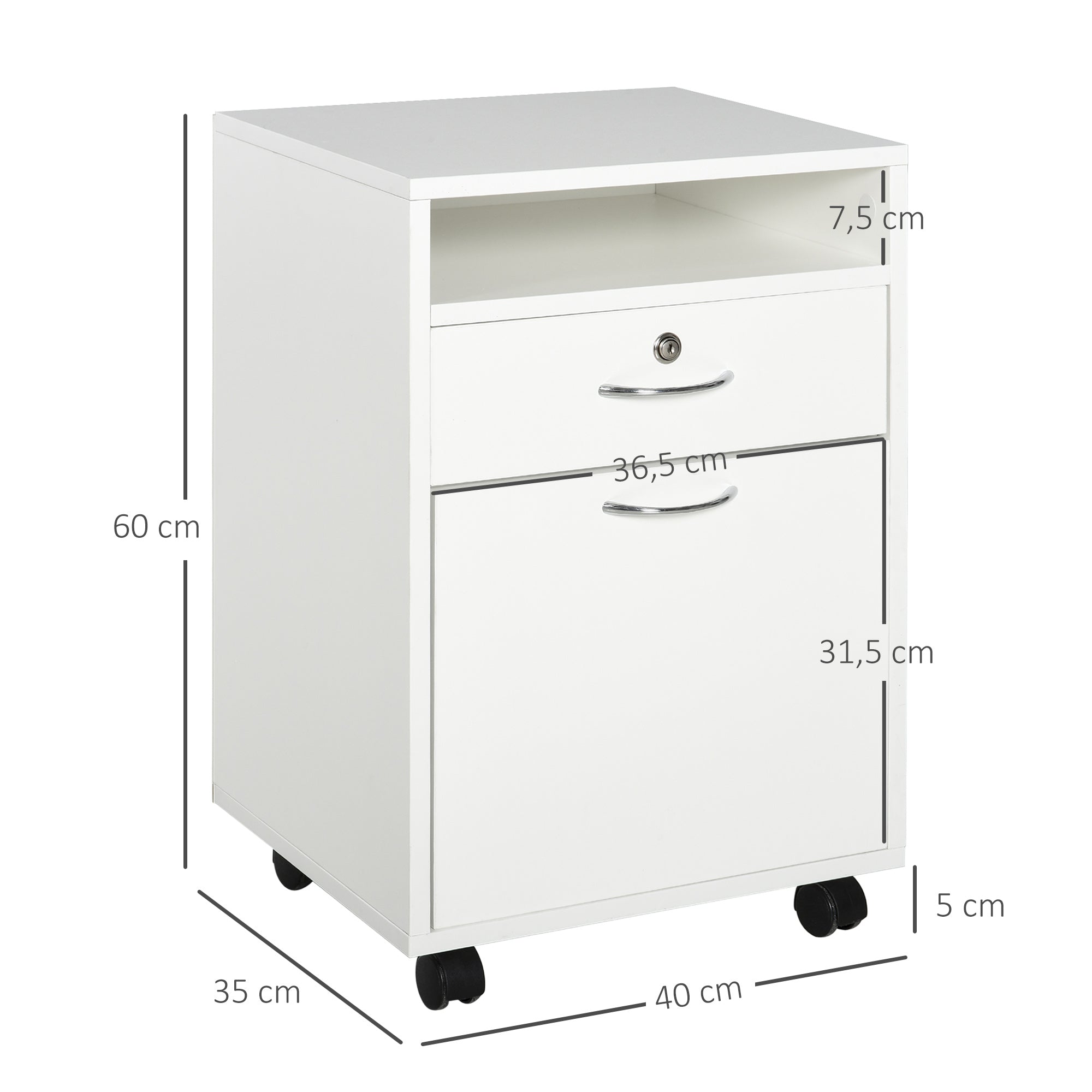 Bloco de Gavetas de Escritório com 4 Rodas 40x35x60 cm - Cor Branco