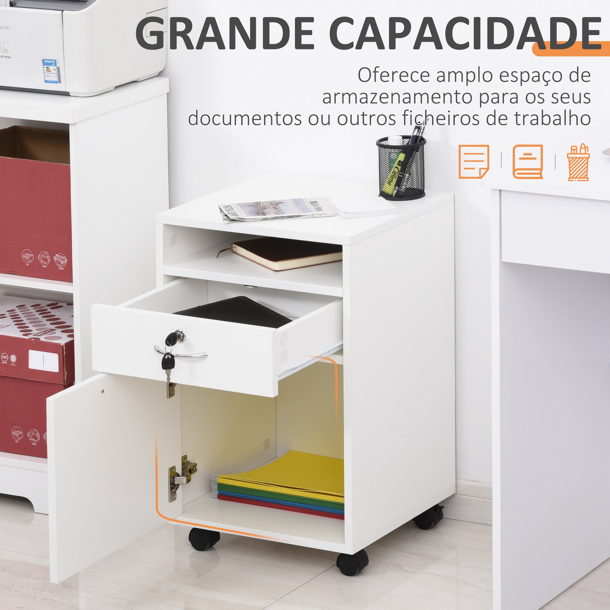 Bloco de Gavetas de Escritório com 4 Rodas 40x35x60 cm - Cor Branco