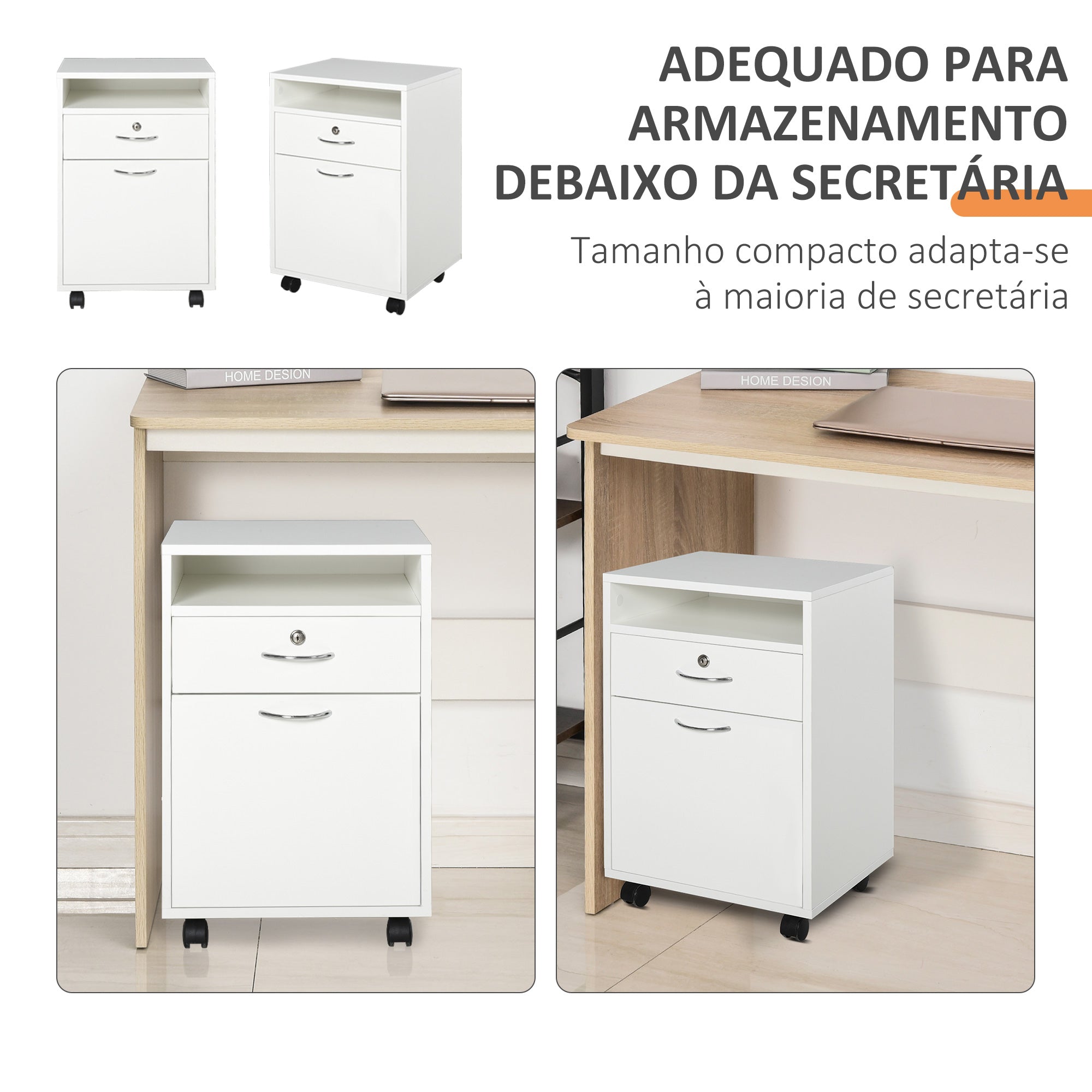 Bloco de Gavetas de Escritório com 4 Rodas 40x35x60 cm - Cor Branco