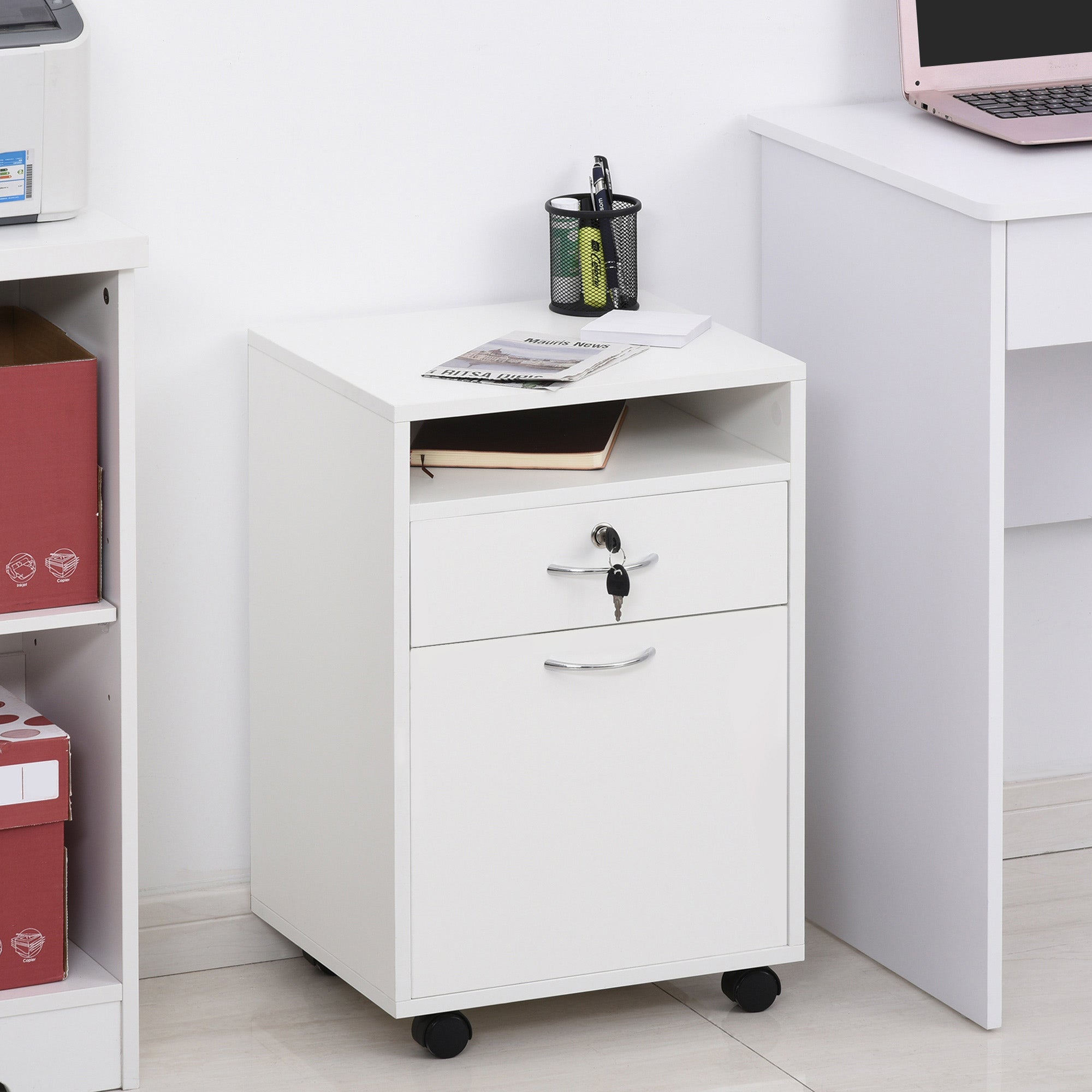Bloco de Gavetas de Escritório com 4 Rodas 40x35x60 cm - Cor Branco