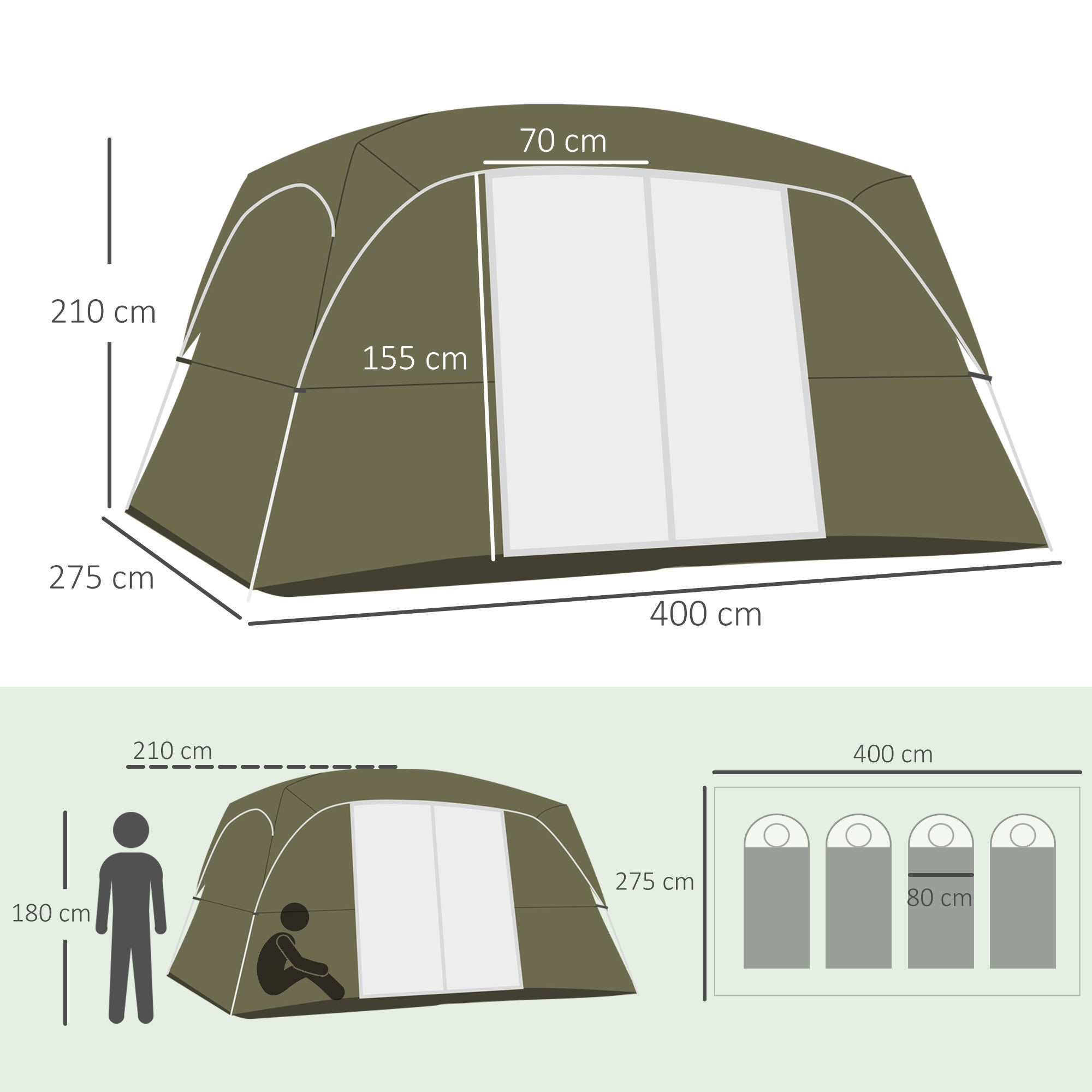 Tenda de Campismo Familiar Verde 400x275x210 cm para 4-5 Pessoas com 2 Quartos