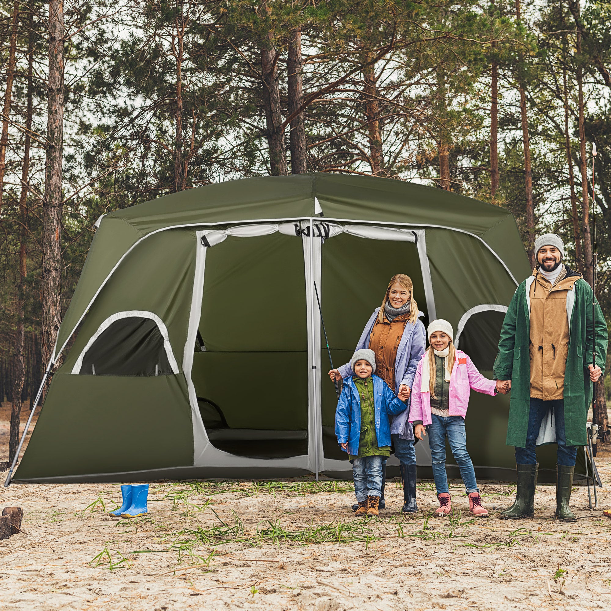Tenda de Campismo Familiar Verde 400x275x210 cm para 4-5 Pessoas com 2 Quartos