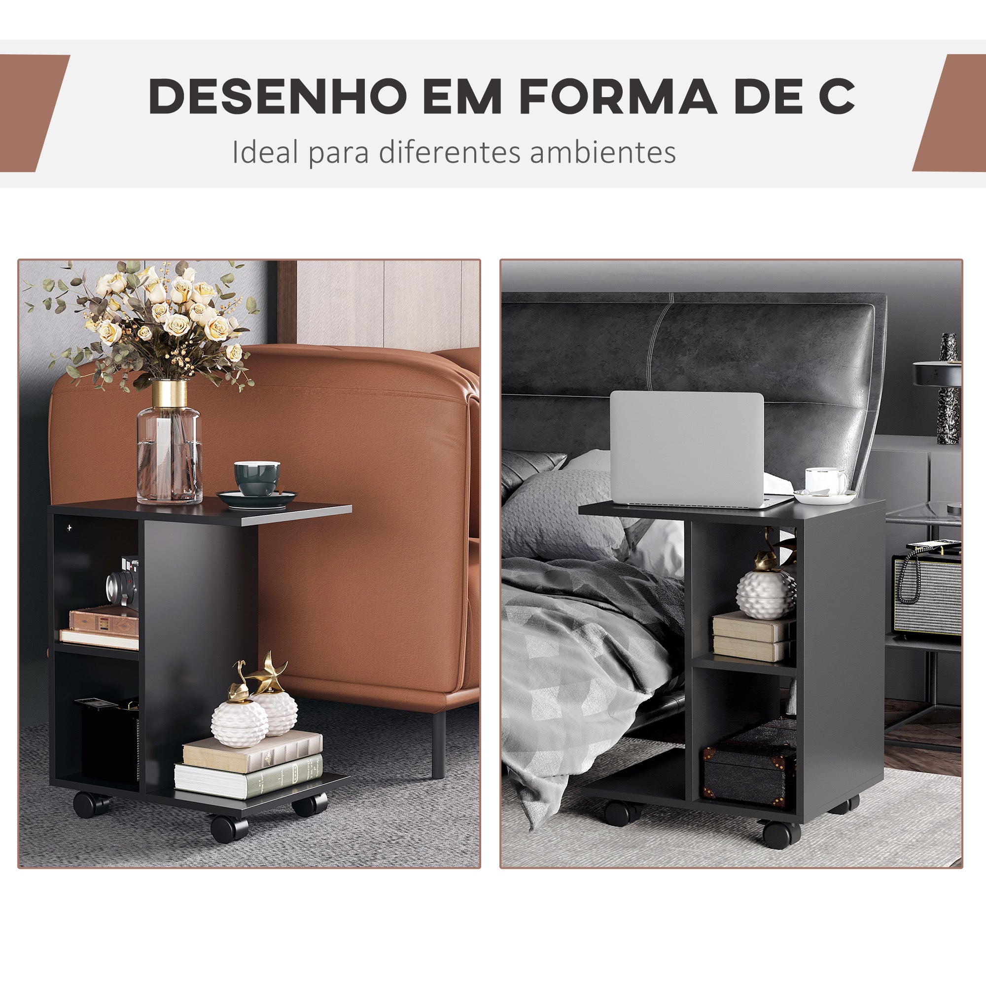 Mesa Auxiliar Moderna em Forma de C com Rodas – 45x35x58 cm – Preto – Madeira com acabamento em melamina