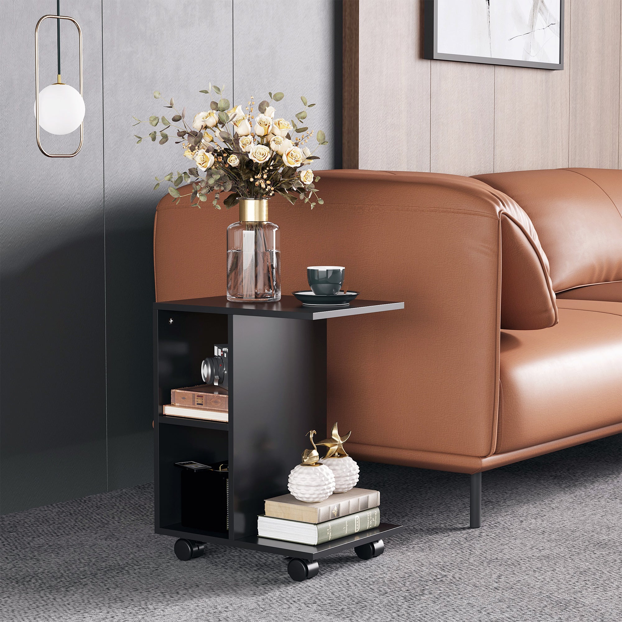 Mesa Auxiliar Moderna em Forma de C com Rodas – 45x35x58 cm – Preto – Madeira com acabamento em melamina