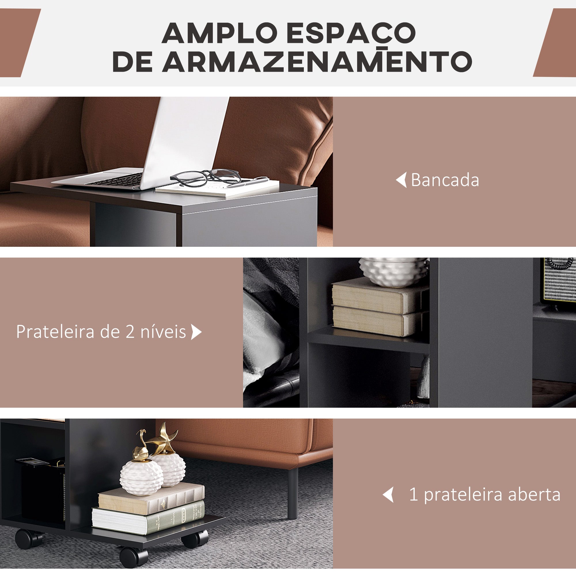 Mesa Auxiliar Moderna em Forma de C com Rodas – 45x35x58 cm – Preto – Madeira com acabamento em melamina