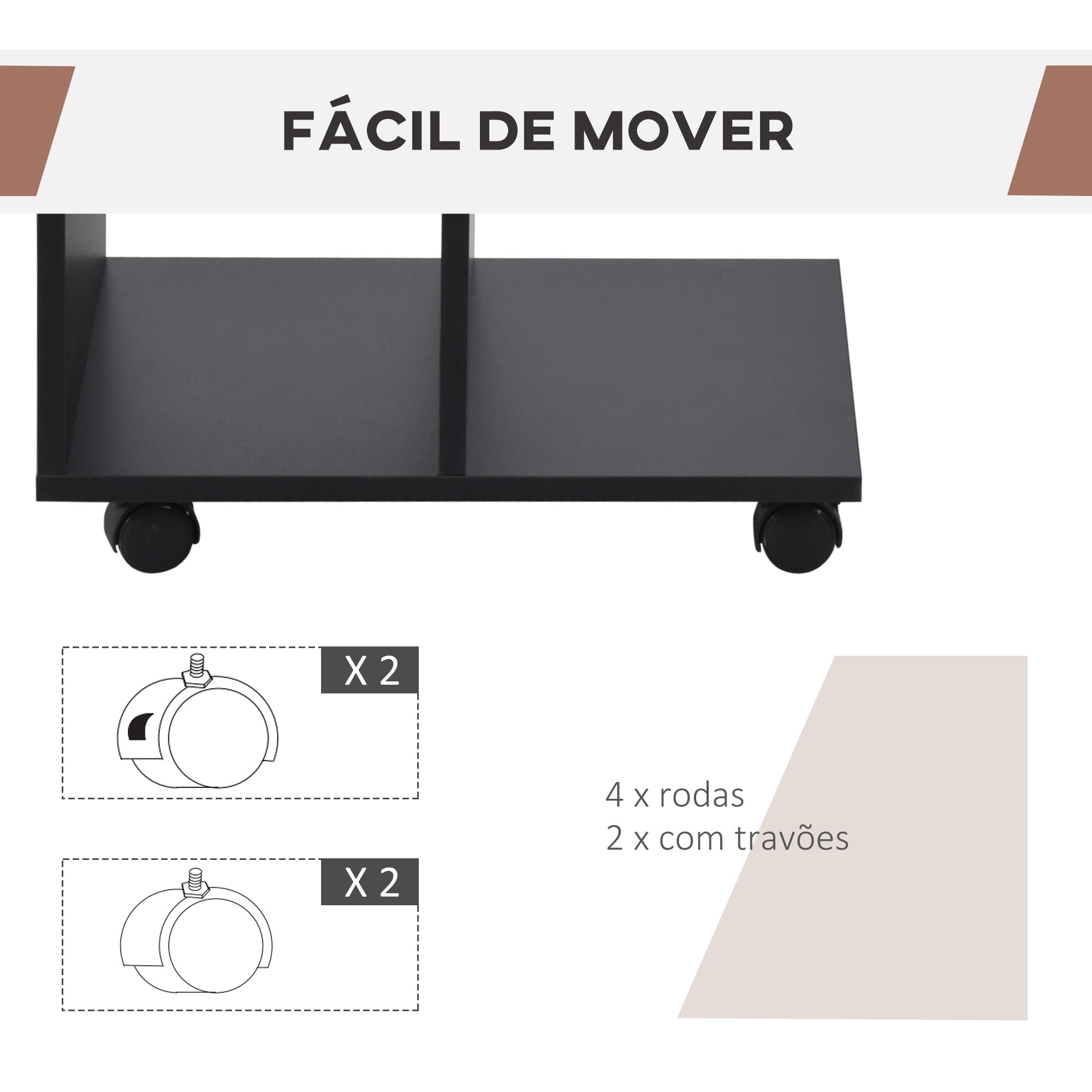 Mesa Auxiliar Moderna em Forma de C com Rodas – 45x35x58 cm – Preto – Madeira com acabamento em melamina