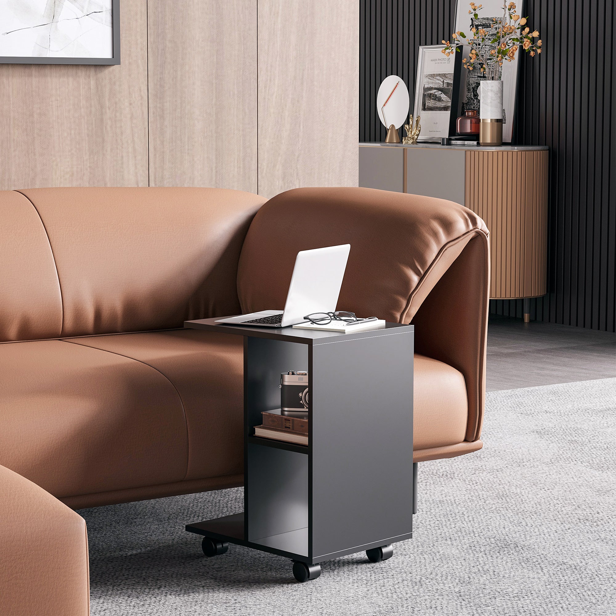 Mesa Auxiliar Moderna em Forma de C com Rodas – 45x35x58 cm – Preto – Madeira com acabamento em melamina