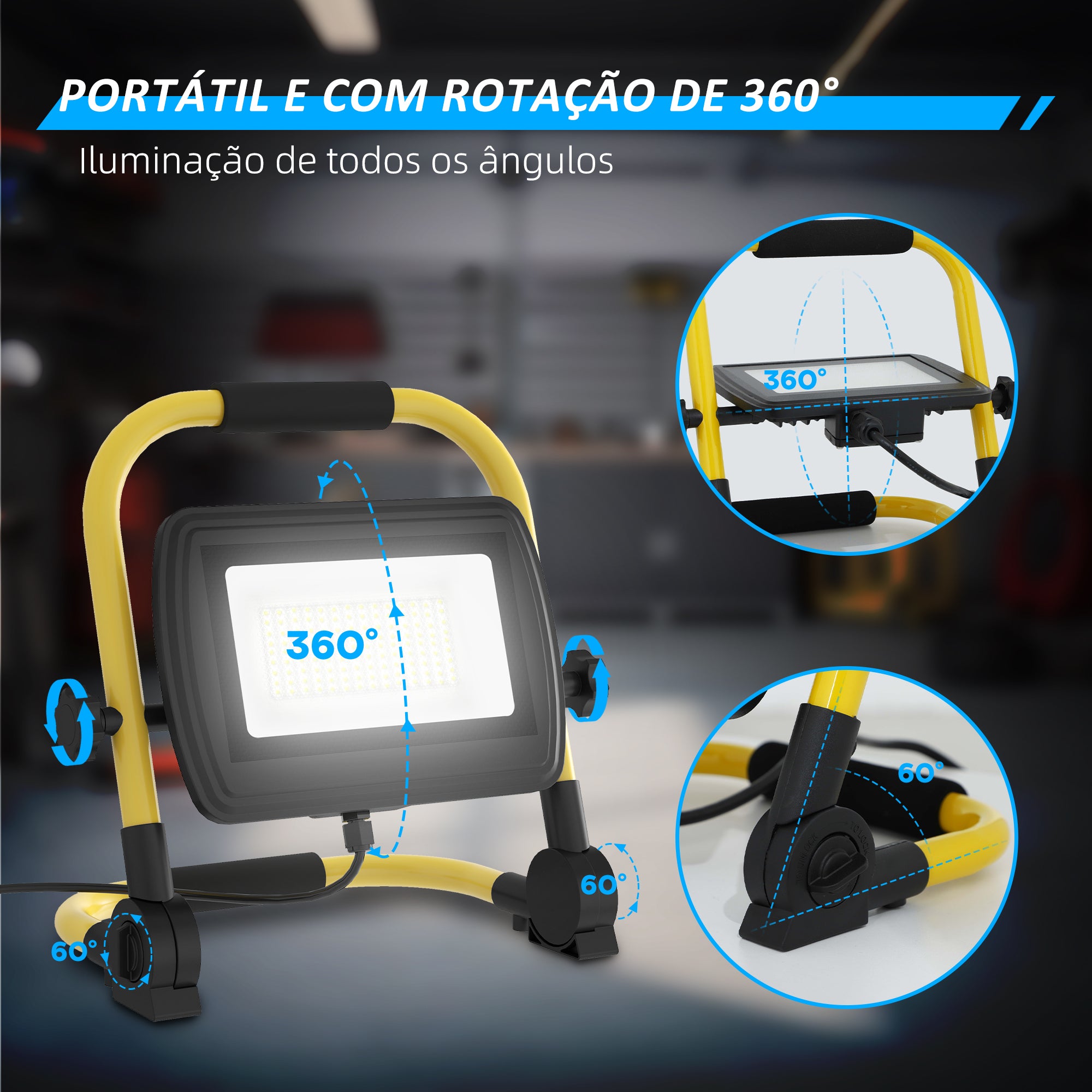 Projetor LED Recarregável – 25,5x16x25,5 cm – Amarelo – Alumínio e metal