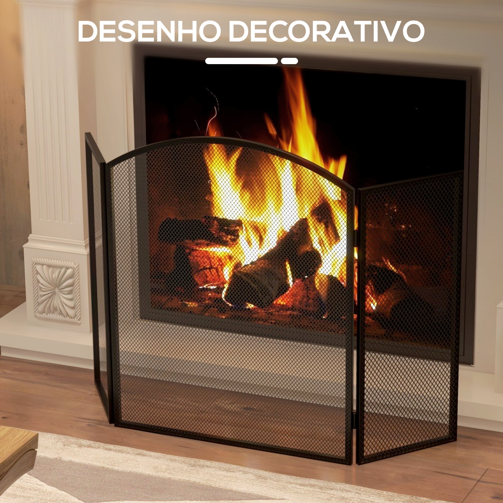 Frente Protetora para Lareira de 3 Painéis – 96x62 cm – Preto – Aço
