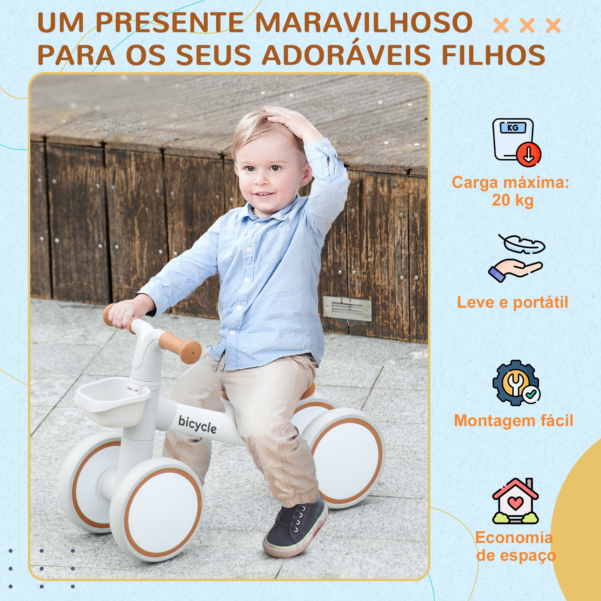 Bicicleta de Equilíbrio para Crianças 1-3 Anos Marrom 56x27x39 cm