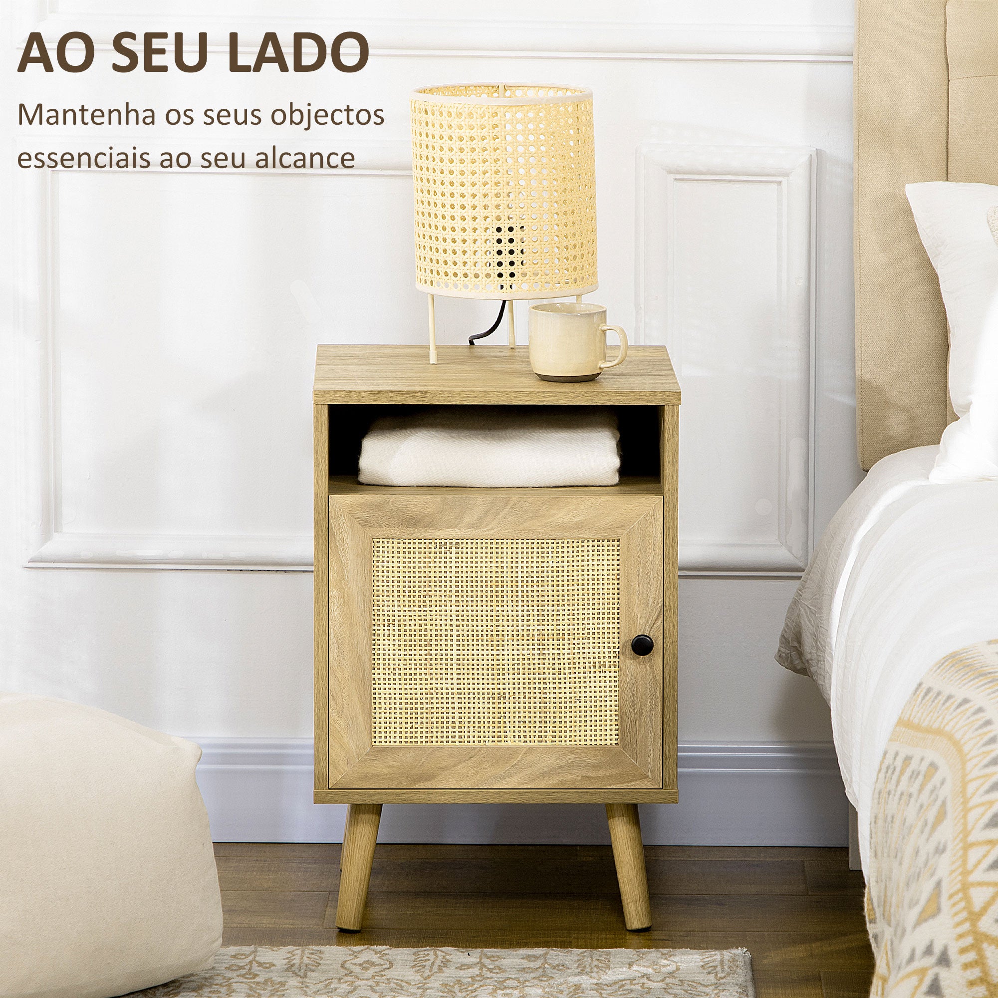 Mesa de Cabeceira com Porta de Vime Cor de Madeira Natural 39x35x60cm
