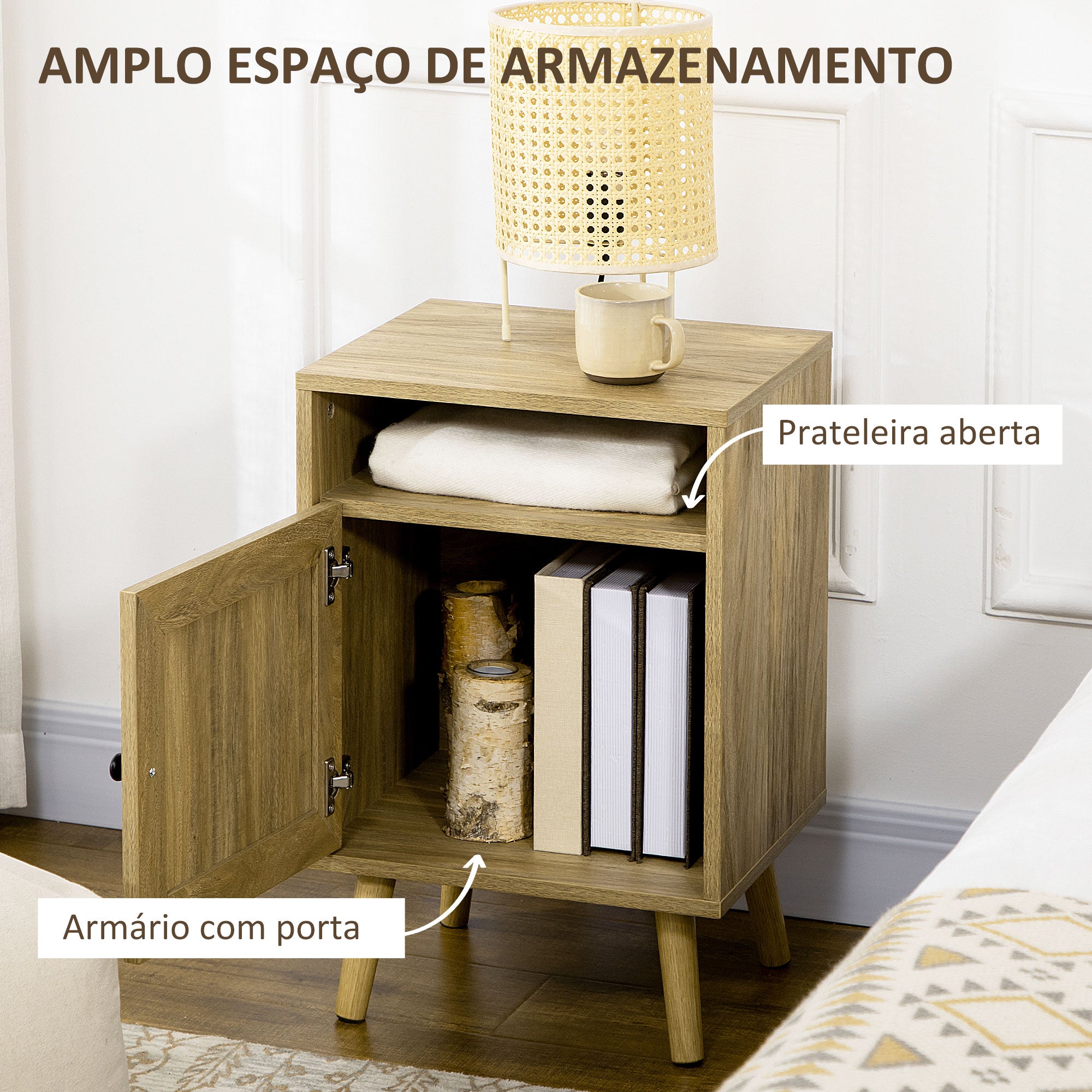 Mesa de Cabeceira com Porta de Vime Cor de Madeira Natural 39x35x60cm