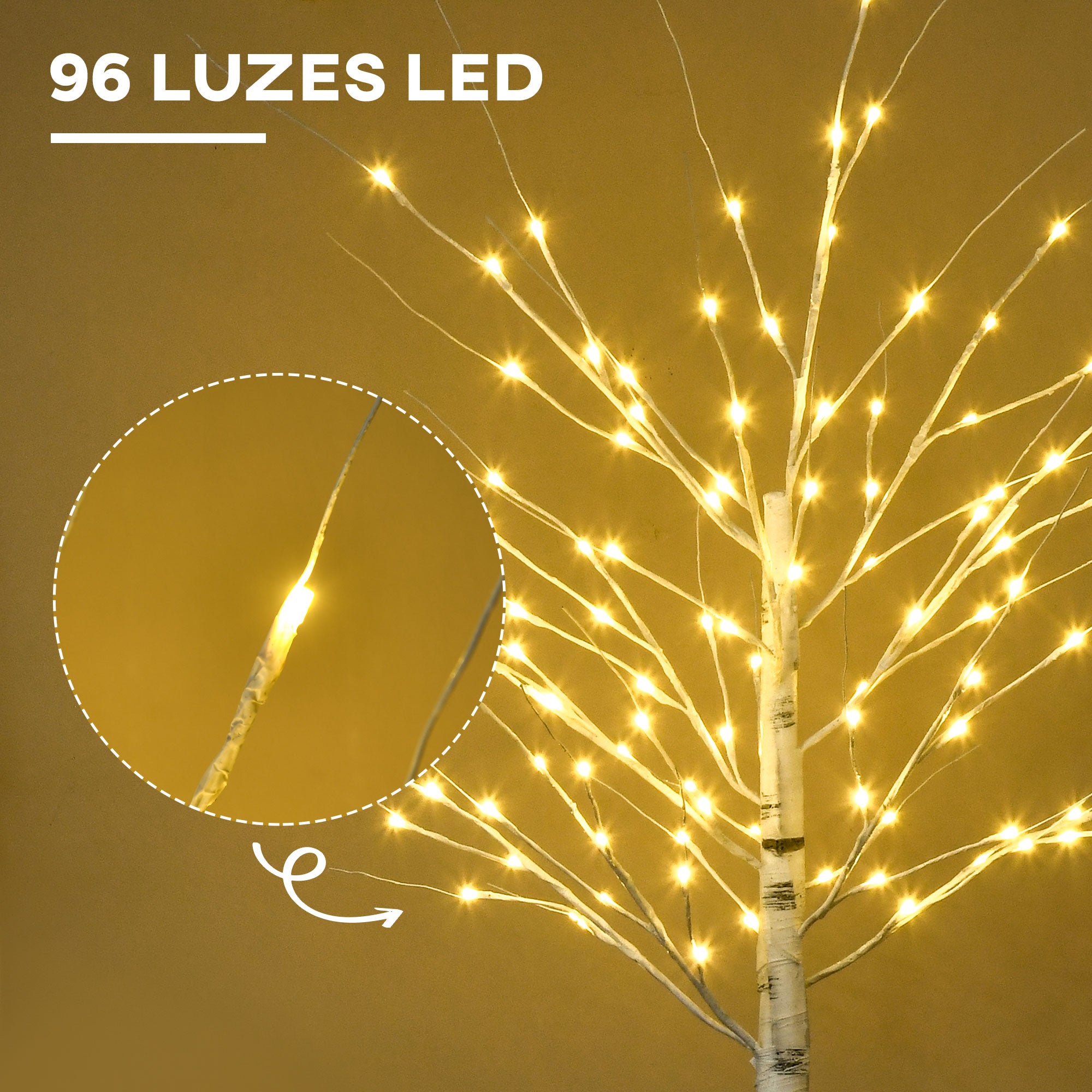 Árvore de Bétula Branca 180cm com 96 Luzes LED Branco Quente - 22x22x180 cm