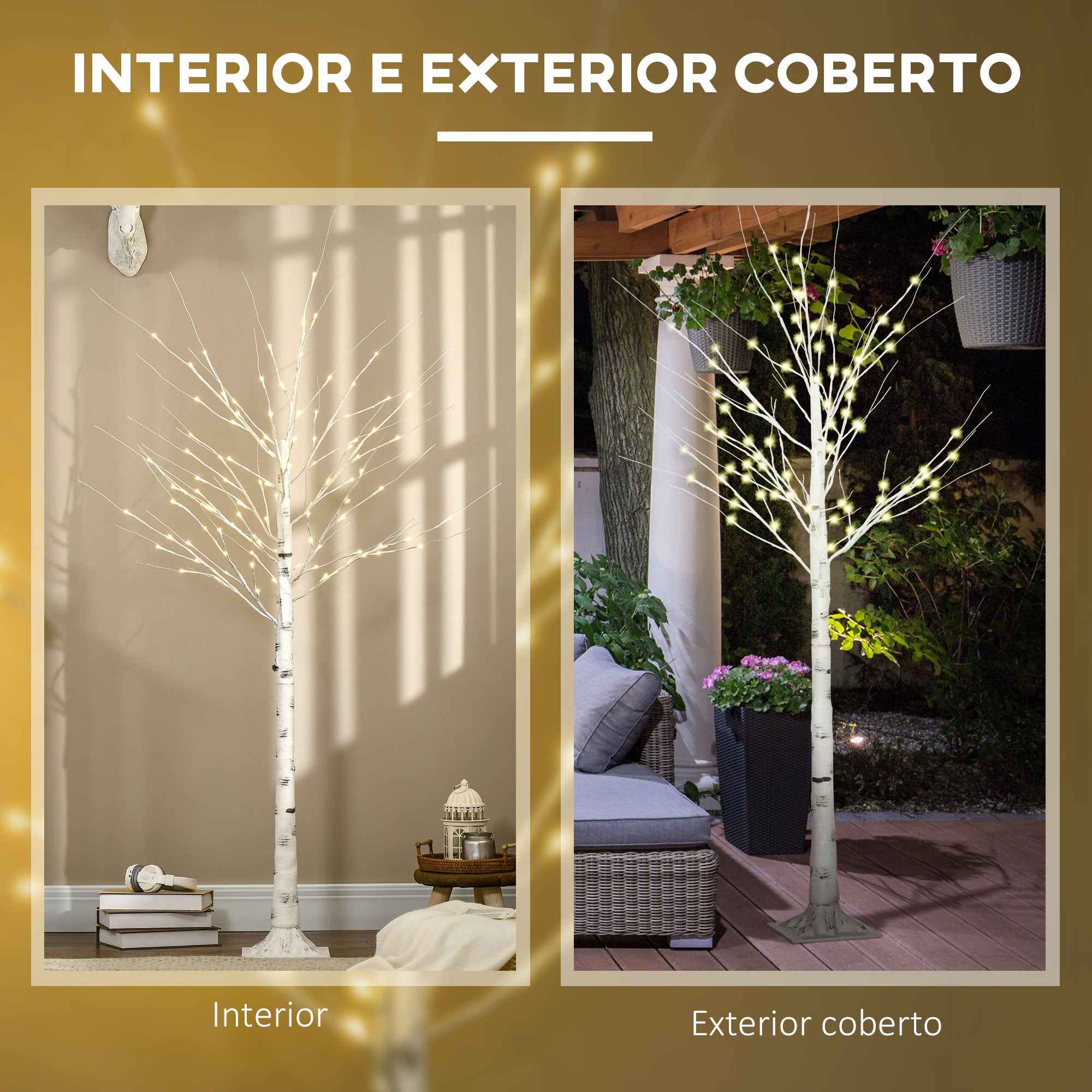 Árvore de Bétula Branca 180cm com 96 Luzes LED Branco Quente - 22x22x180 cm